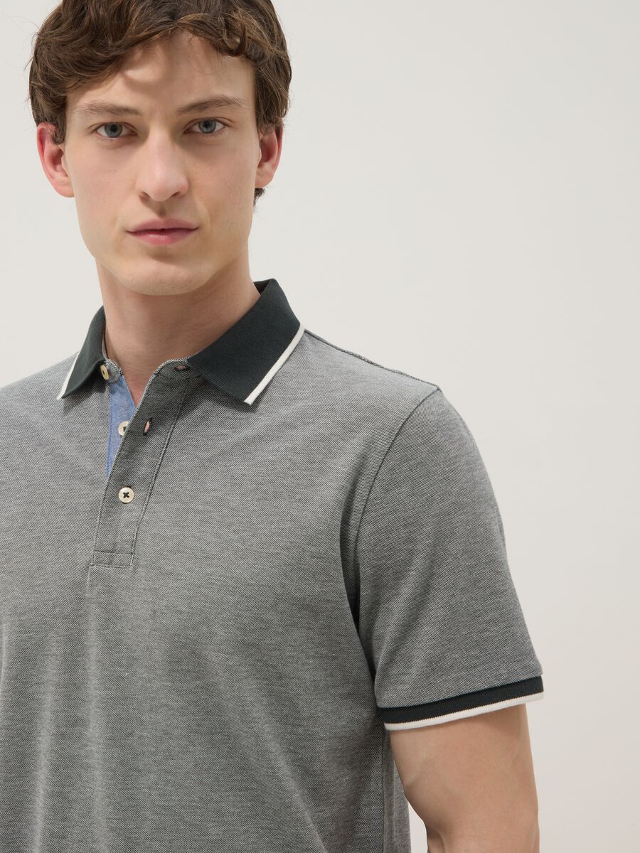 Grey pure cotton polo shirt with classic collar_3