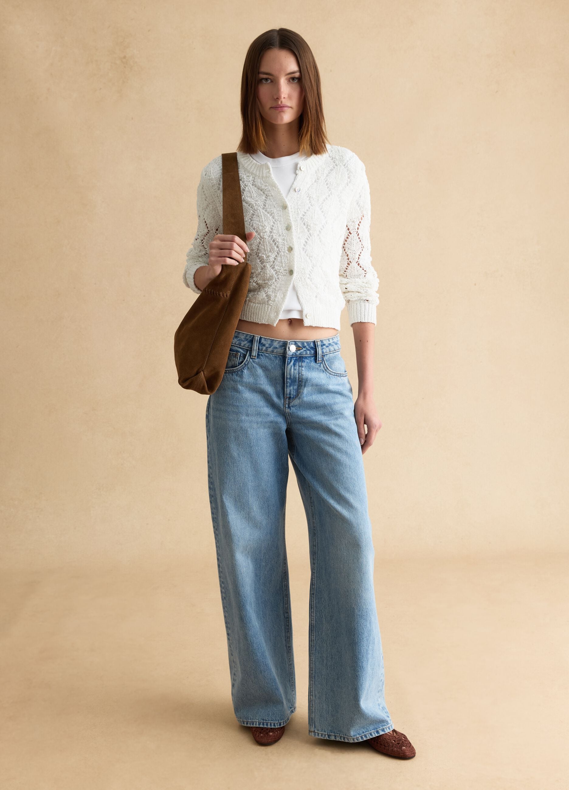 White cotton blend cardigan with regular fit and knitted pattern