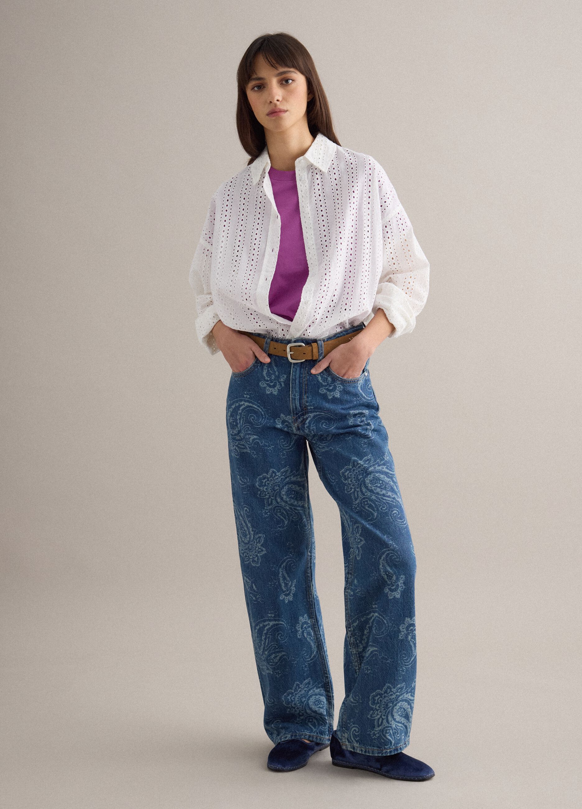 White pure cotton embroidered shirt regular fit with perforated design