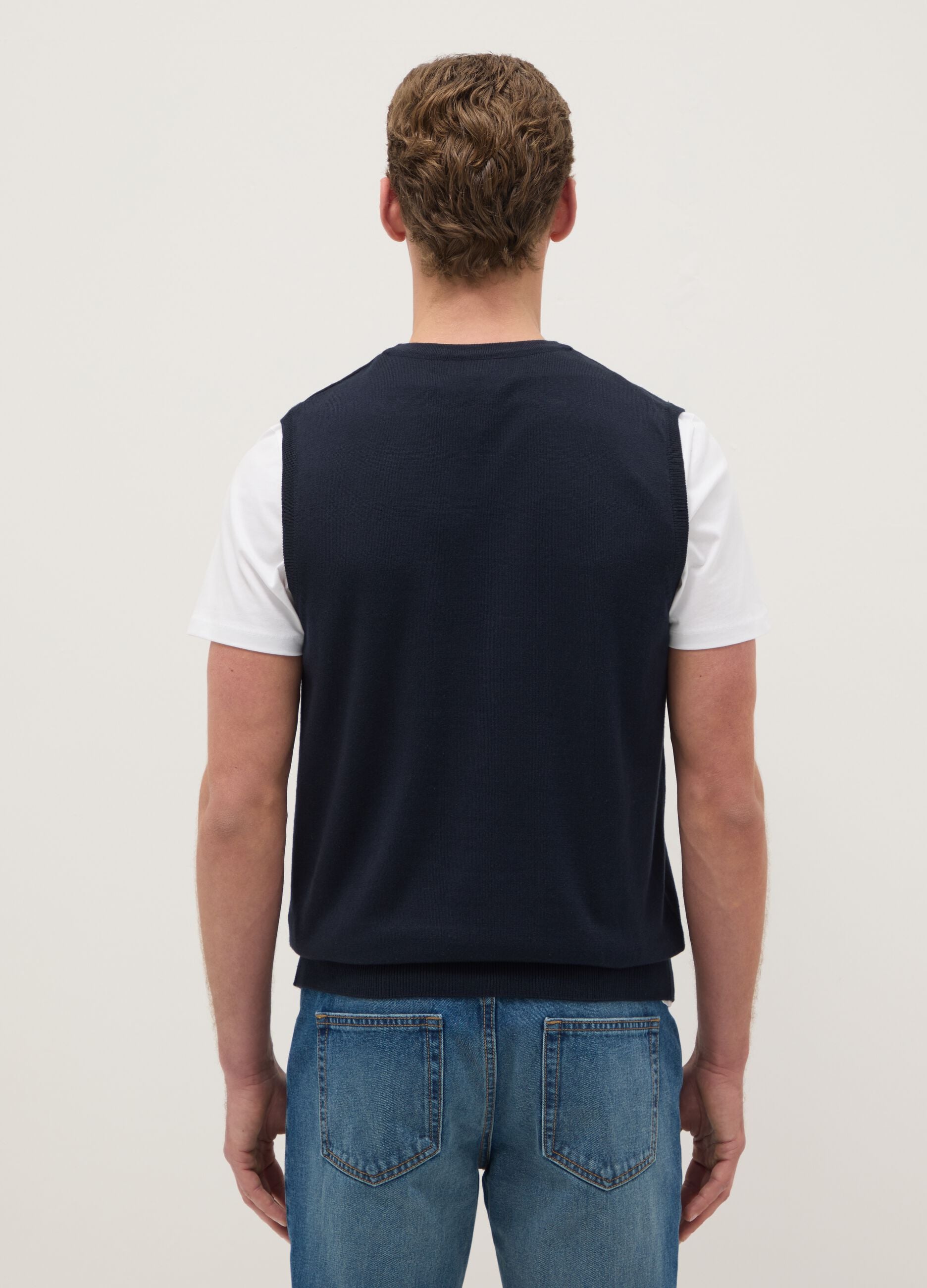 Regular fit deep V blue waistcoat in cotton blend with buttons
