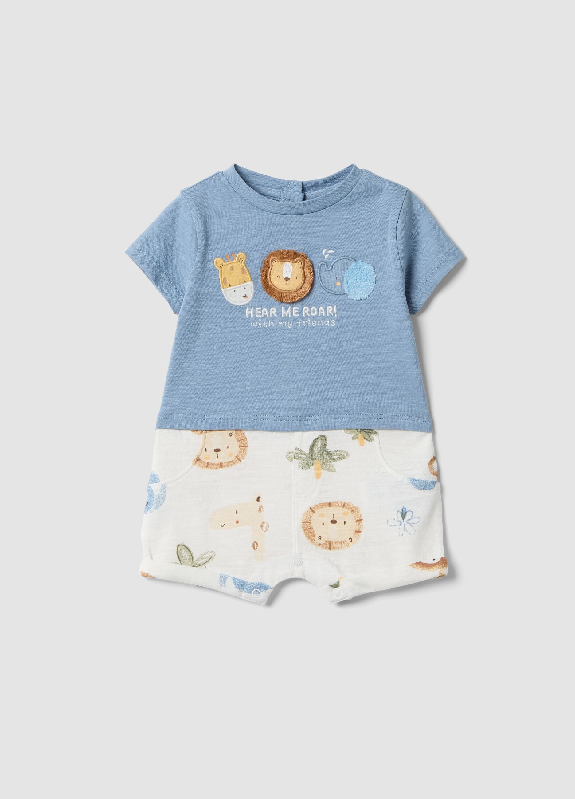 Sky-blue organic cotton romper with animal print for baby
