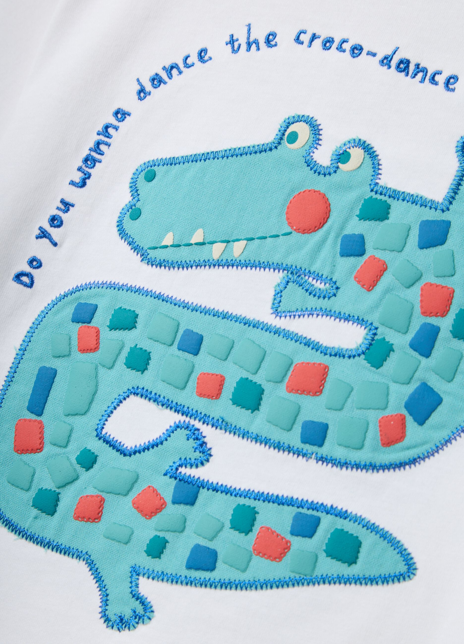 White short-sleeve pure cotton T-shirt with crocodile print for baby boy, oversized fit