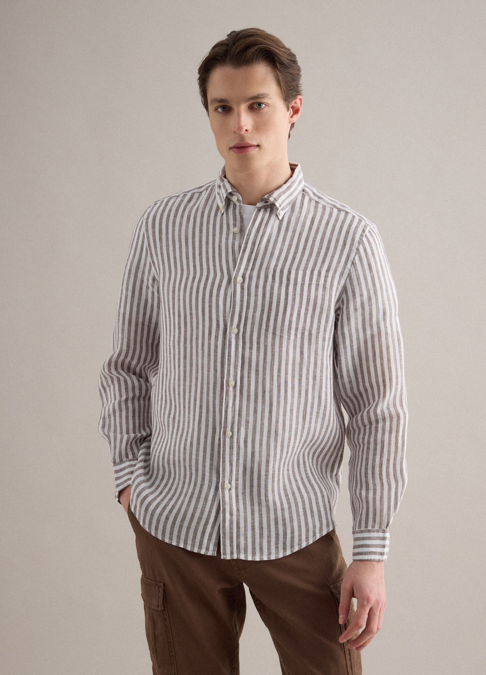 Long-sleeve pure linen multicolour striped shirt regular fit
