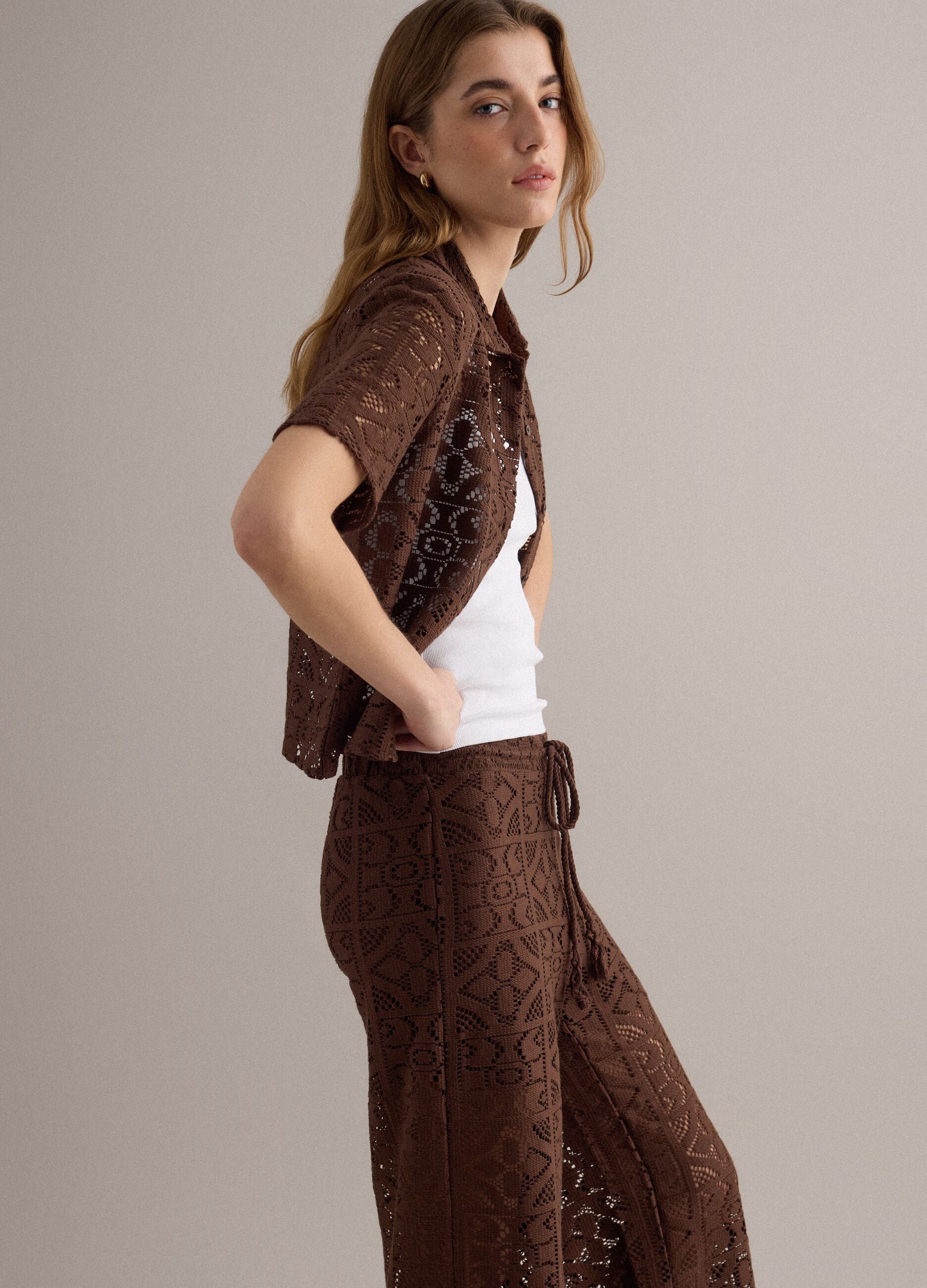 Brown open-knit short-sleeve polo shirt, regular fit