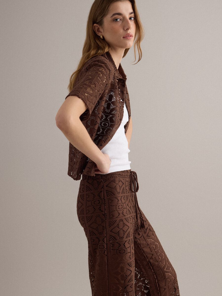Brown open-knit short-sleeve polo shirt, regular fit_1