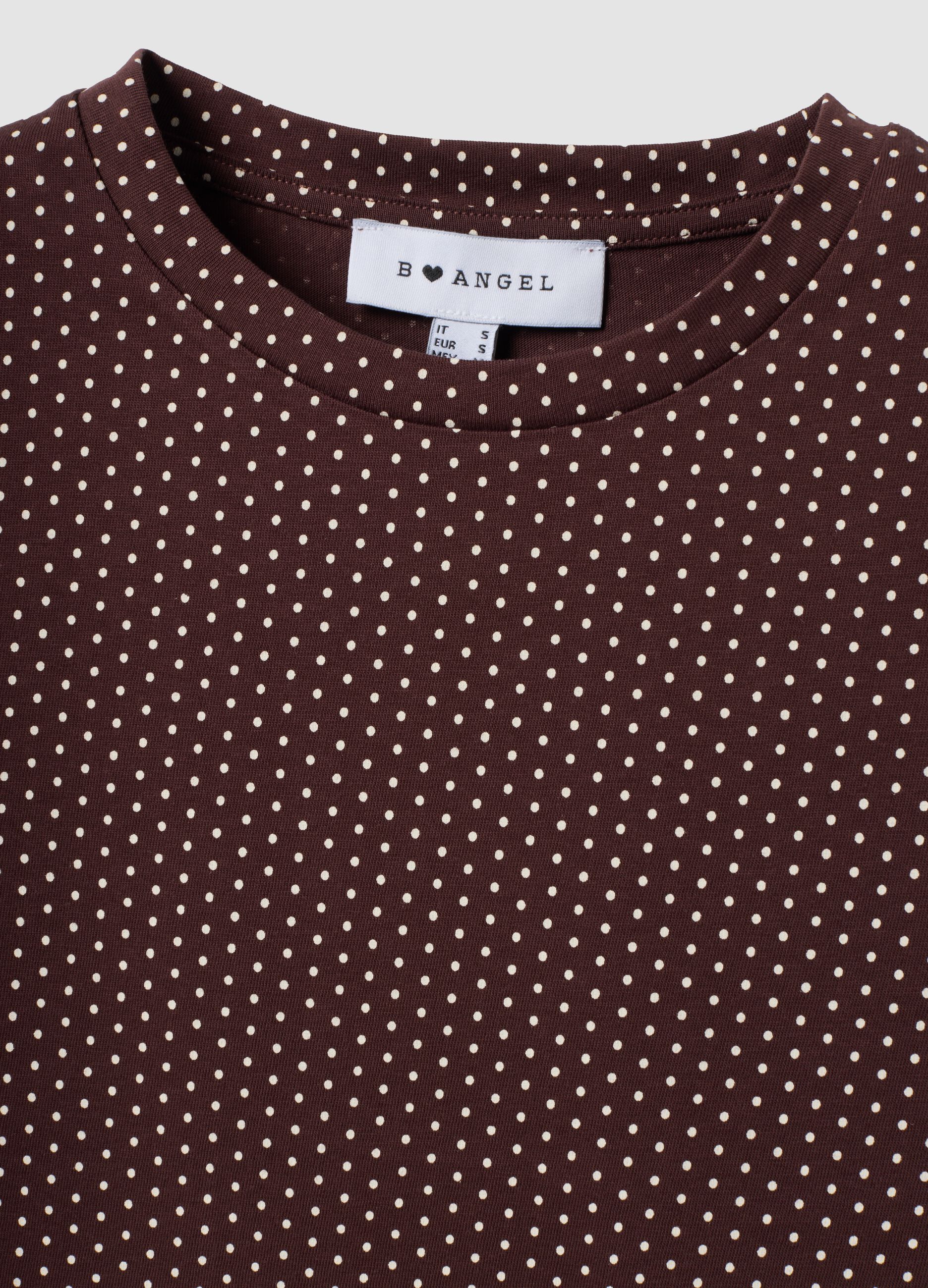 Brown pure cotton polka-dot cropped T-shirt, regular fit