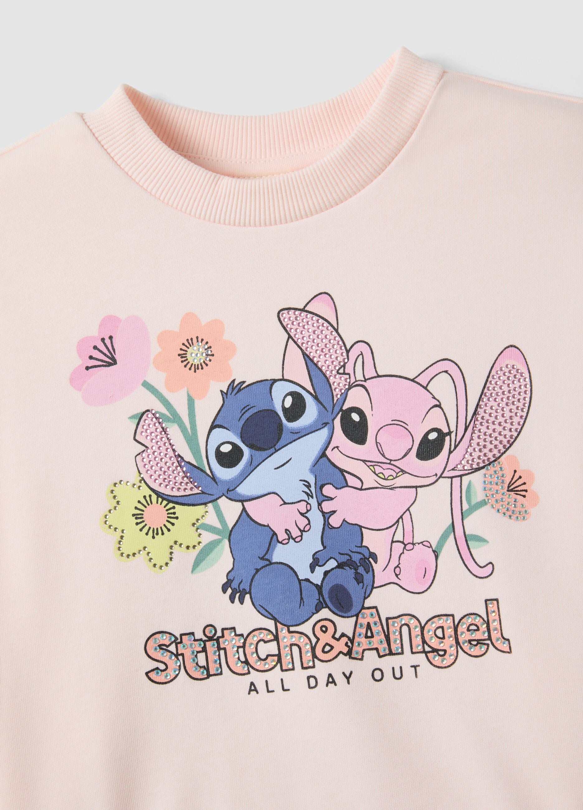 Pink cotton blend sweatshirt and trousers set for girls with Stitch & Angel