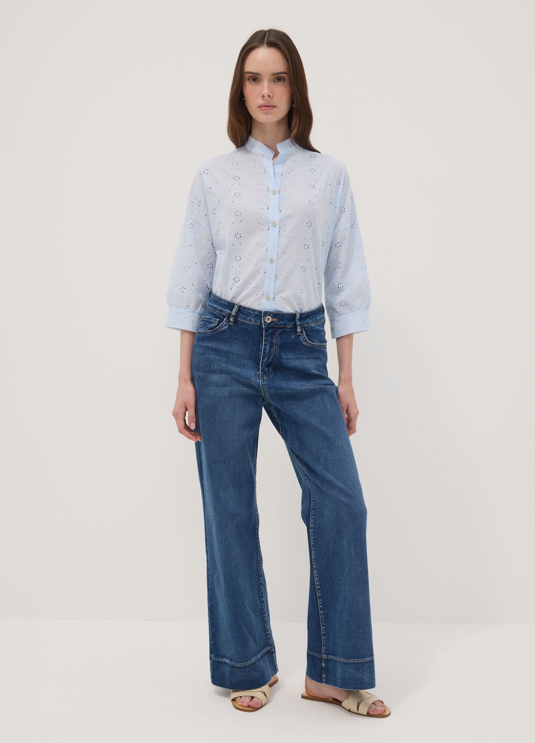 Light Blue Broderie Cotton Shirt with Mandarin Collar, Regular Fit