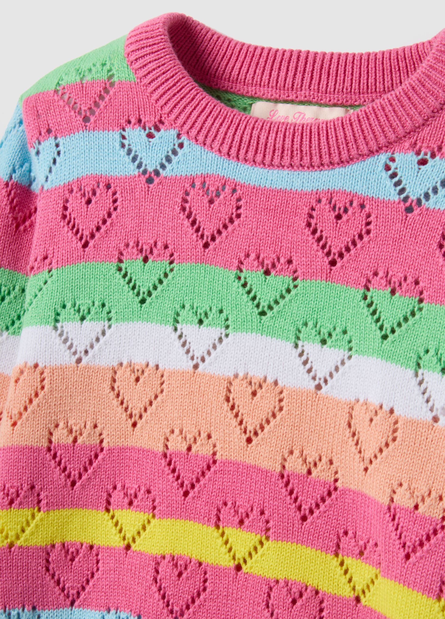 Girl's regular fit pure cotton jumper with multicolour stripes and hearts