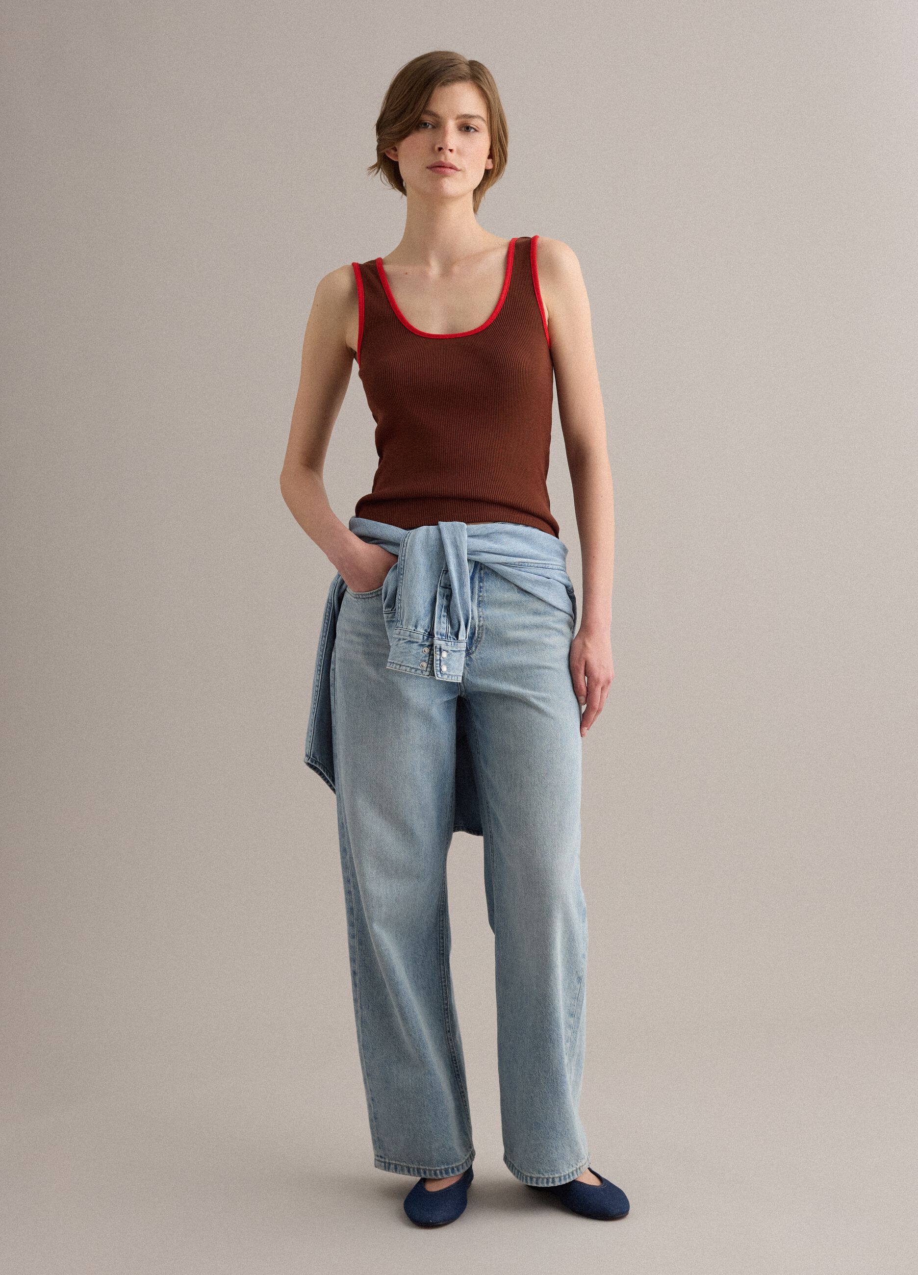 Brown pure cotton ribbed tank top
