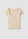 Beige pure cotton T-shirt regular fit with deep Henley neckline_4