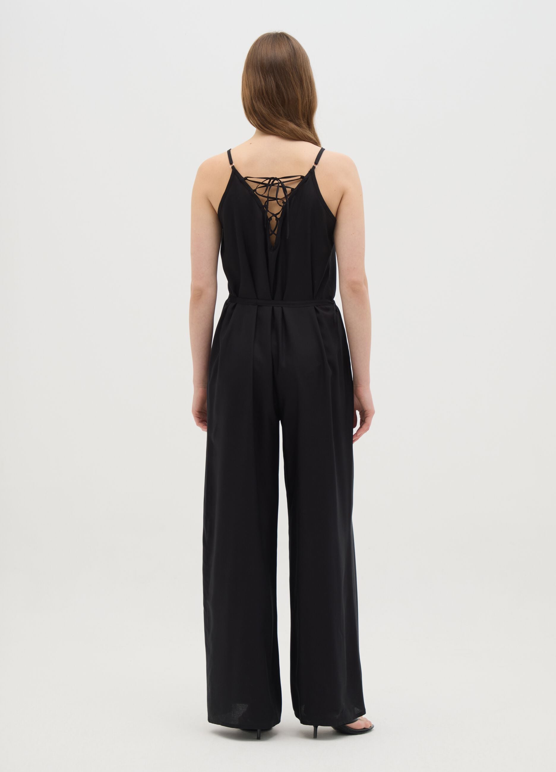 Women's jumpsuit in pure black viscose wide fit