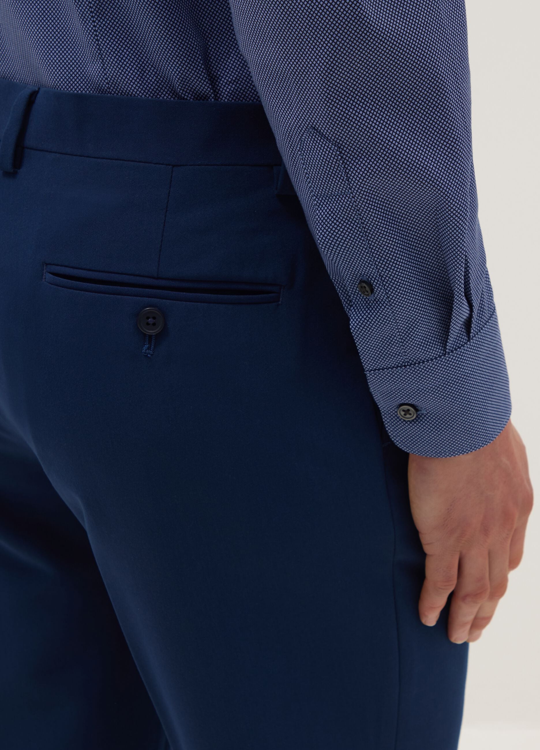Blue stretch cotton shirt with micro checks, slim fit