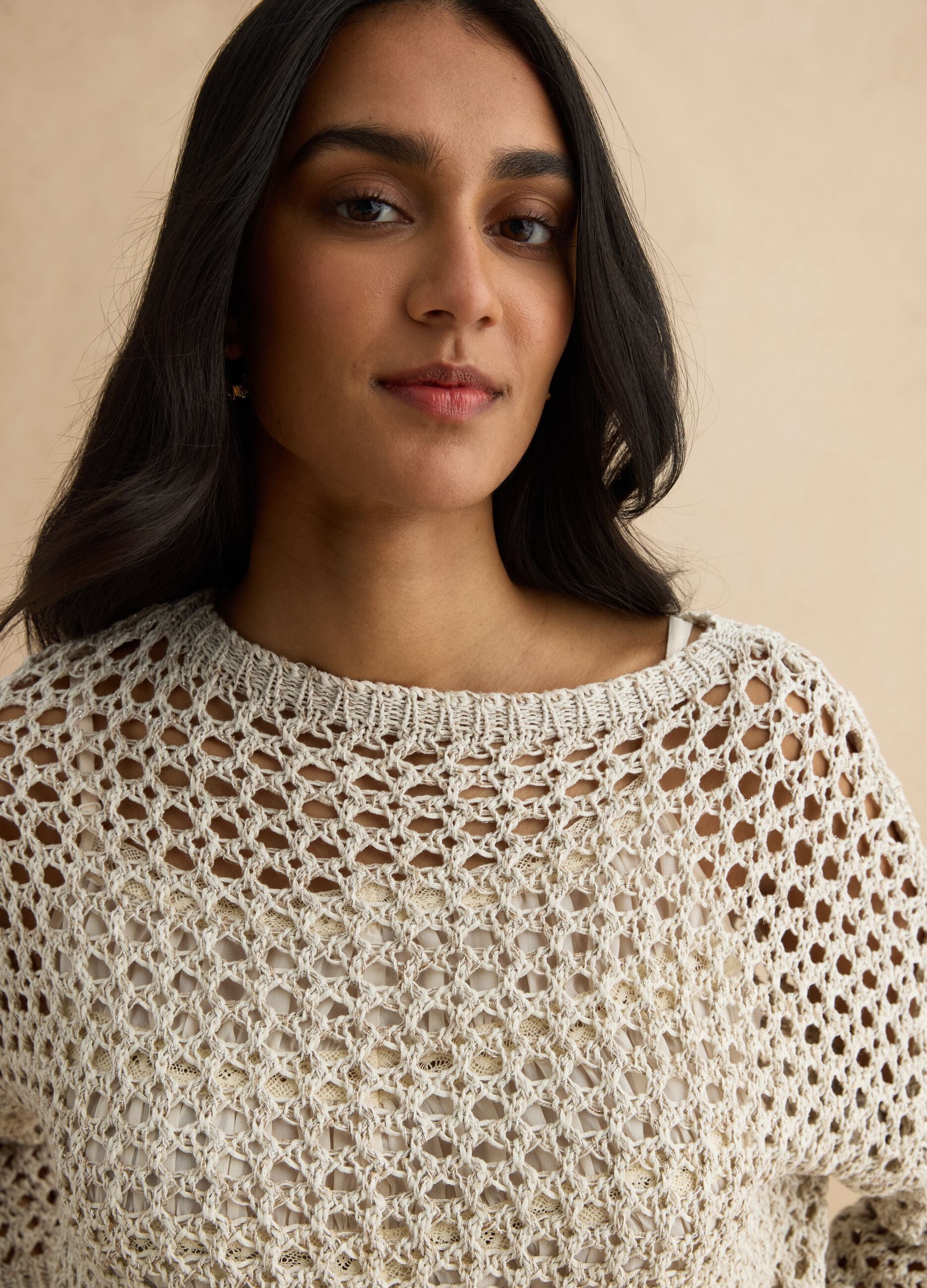 Beige cotton-blend knitted sweater