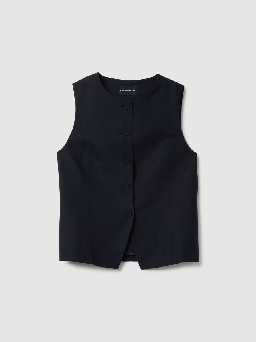 Blue Lyocell and Linen Regular Fit Waistcoat with Buttons_4