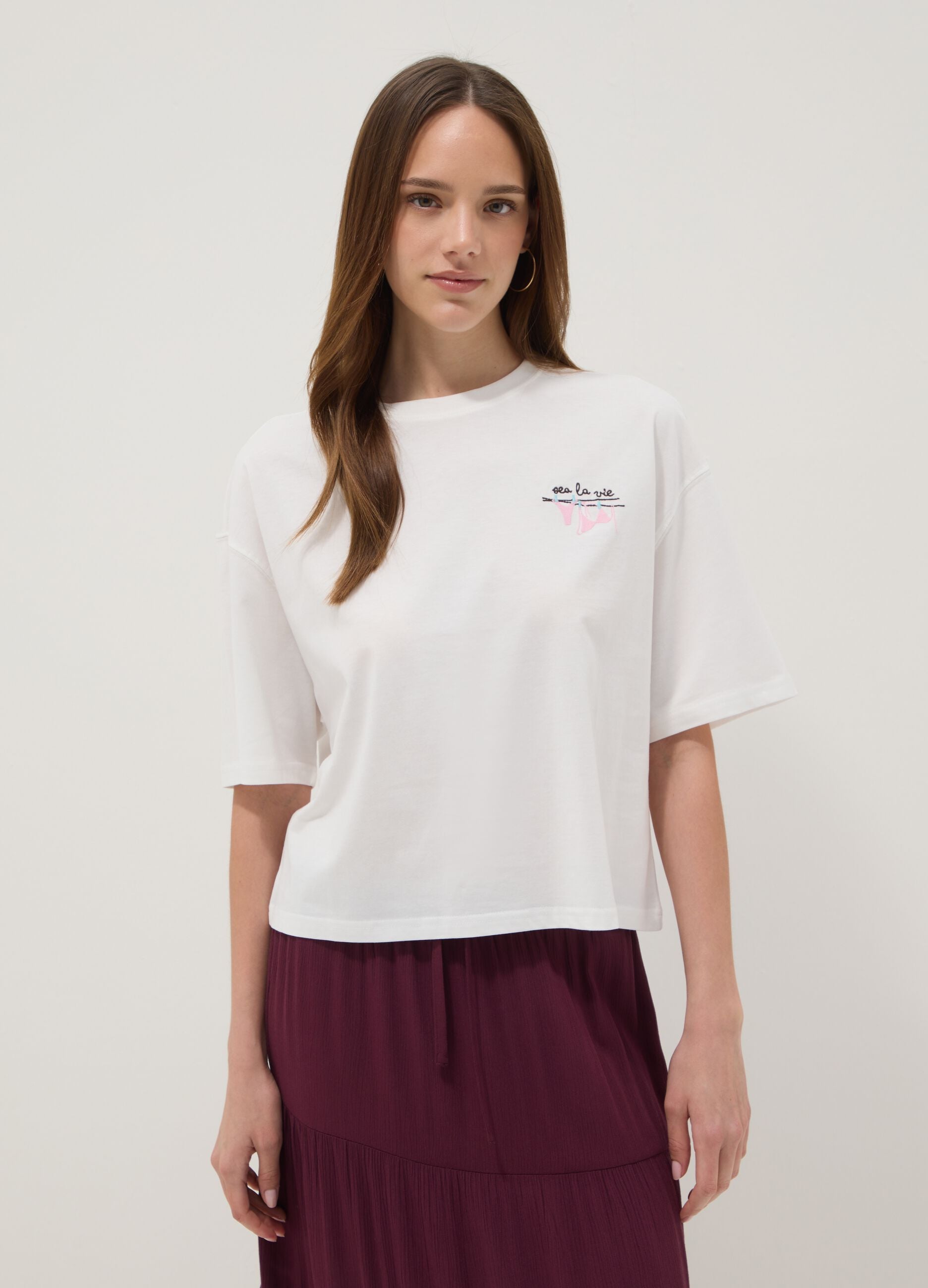 White pure cotton T-shirt with embroidery, boxy fit