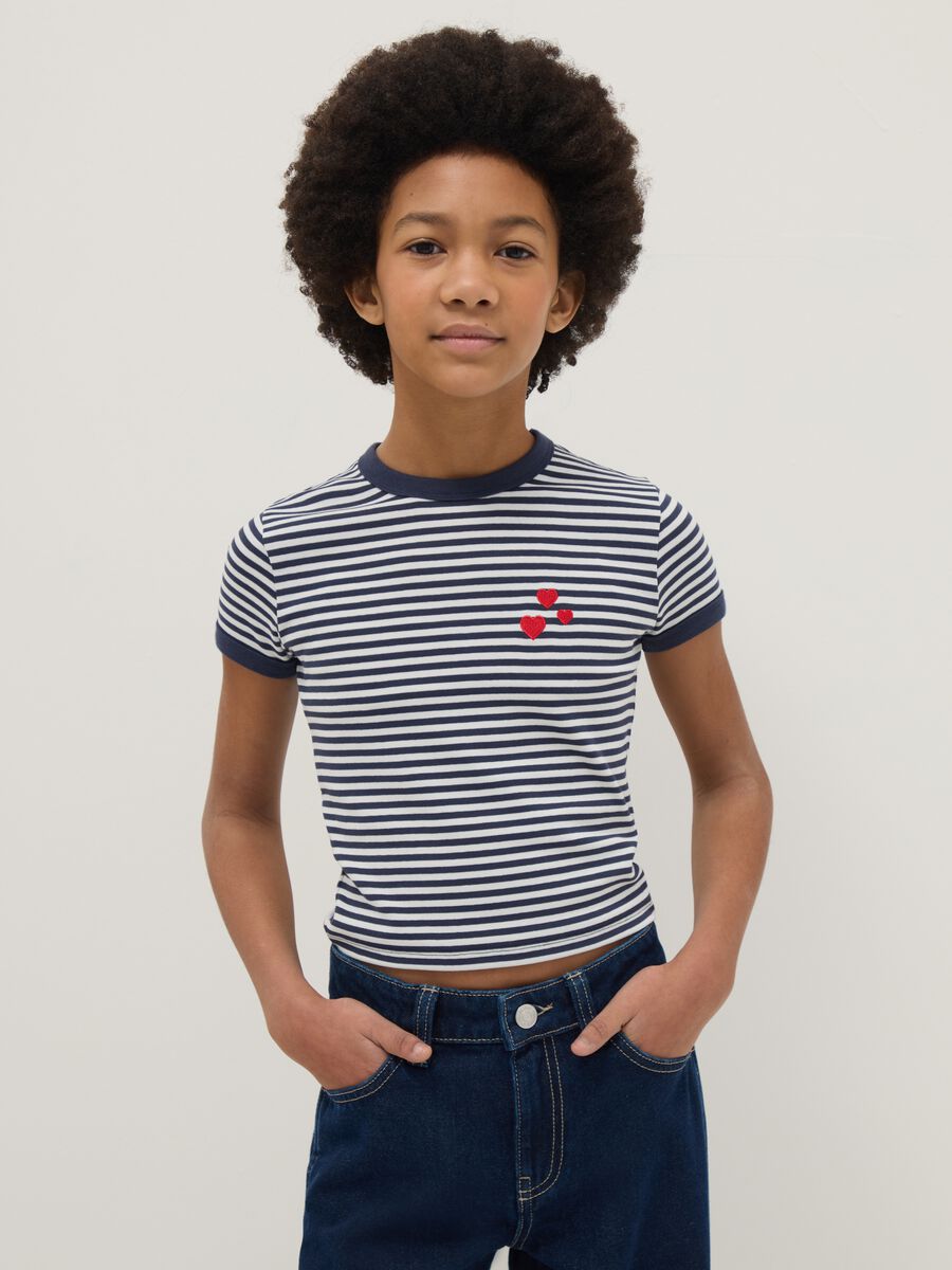 Blue striped stretch T-shirt for girls_0