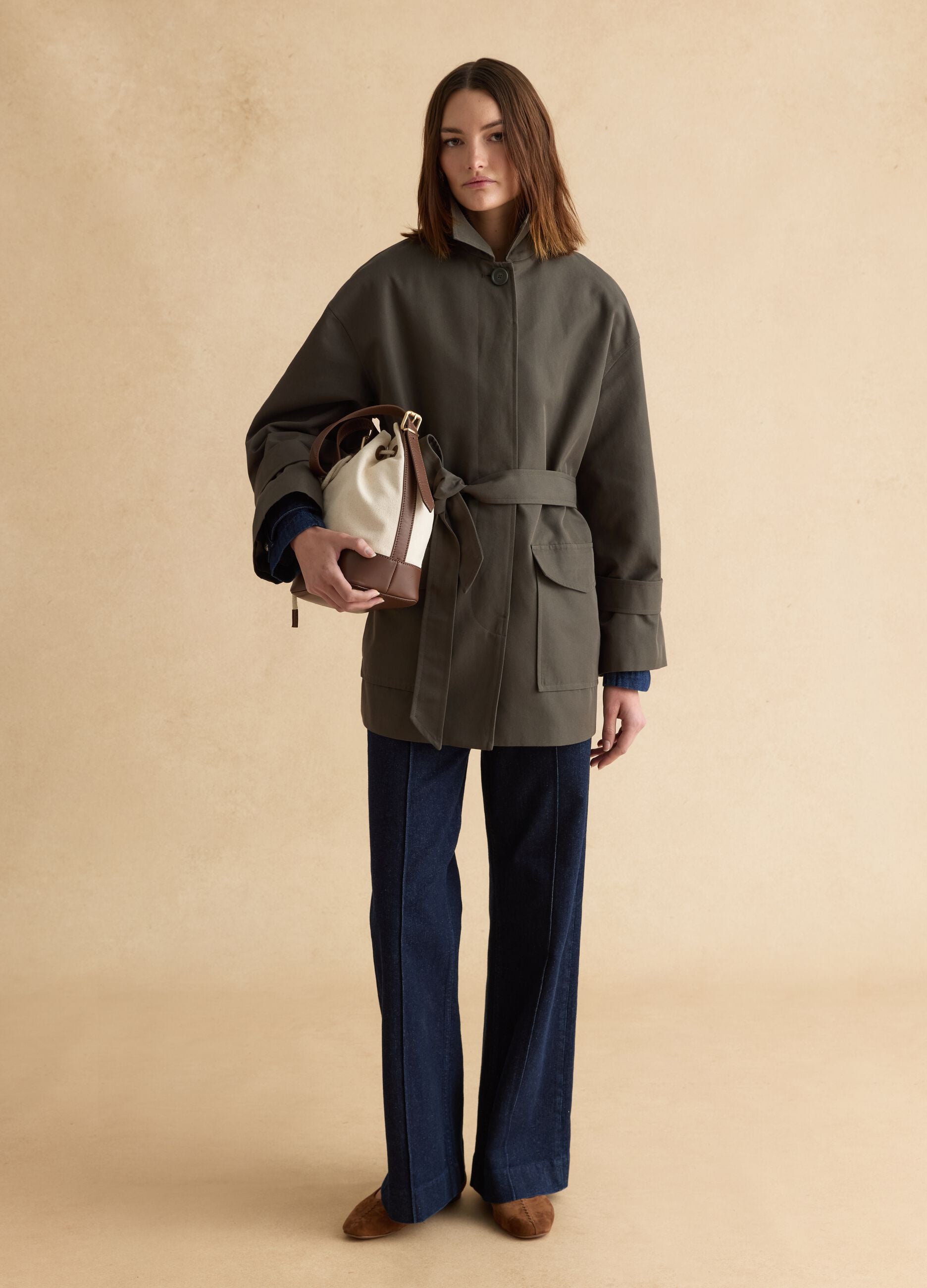 Green cotton blend trench coat with belt, regular fit