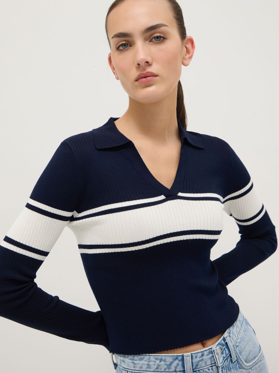 Blue sweater with polo collar in viscose blend_1