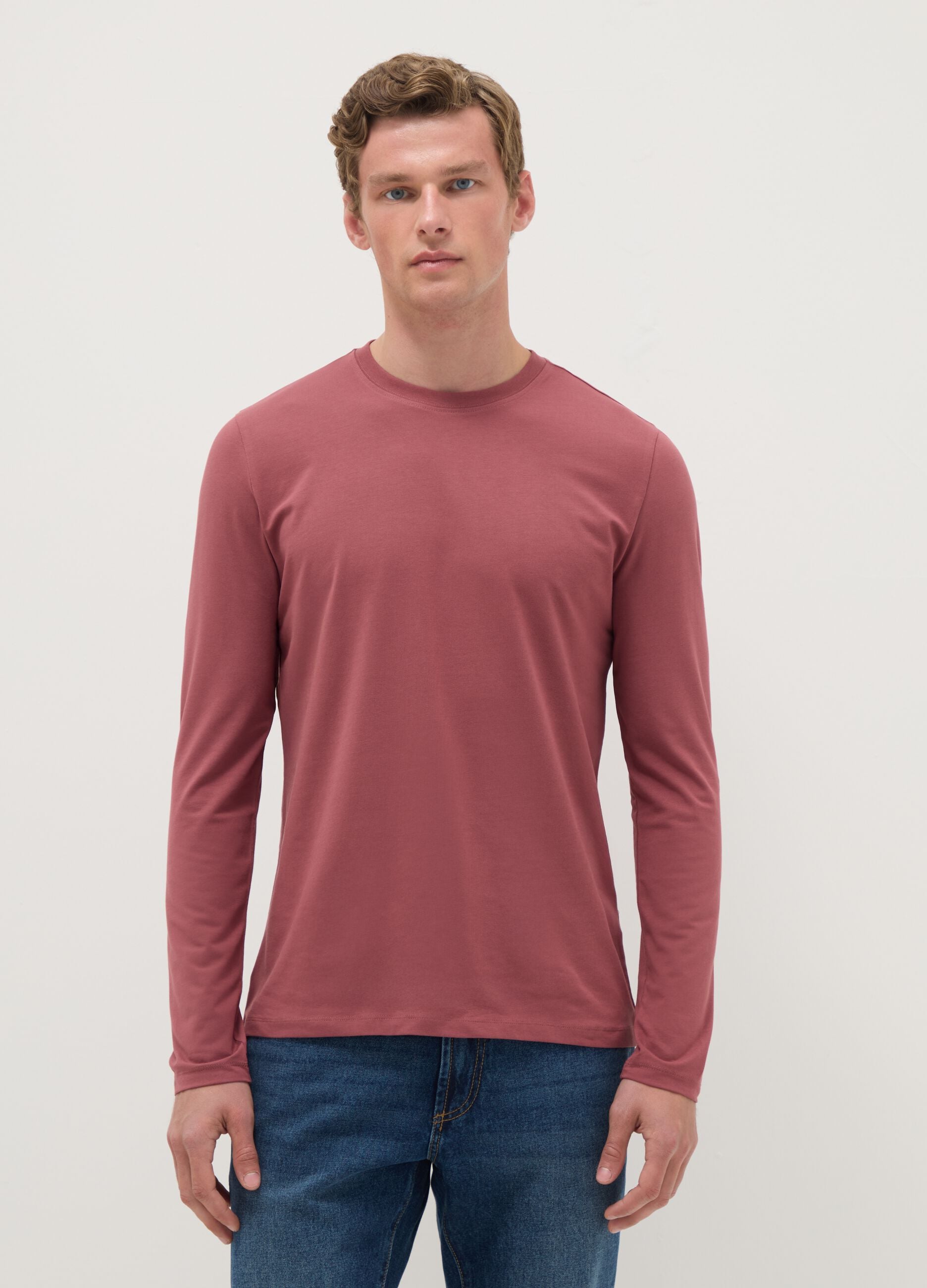 Red Long Sleeve Cotton Stretch Regular Fit T-Shirt