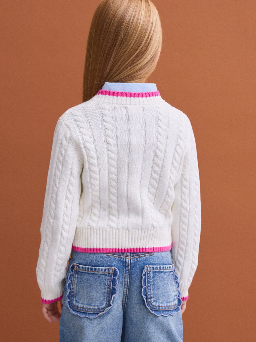 White pure cotton cable-knit V-neck jumper for girls_2