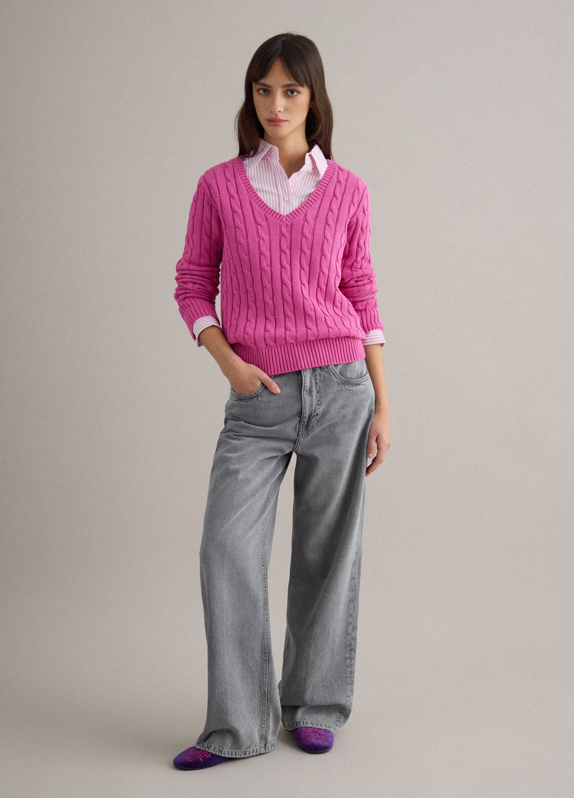 Pink pure cotton regular fit pullover with cable knit design