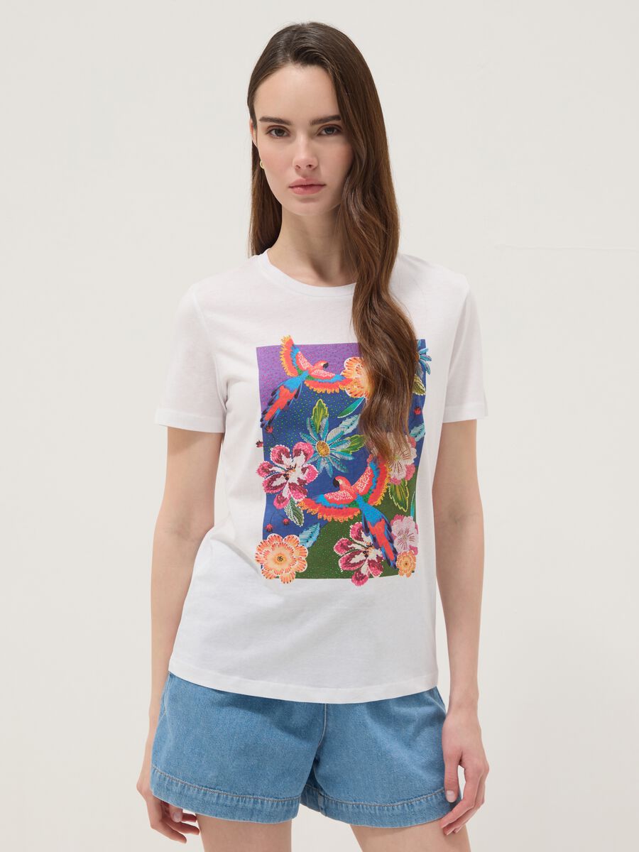 White pure cotton T-shirt with floral print_1