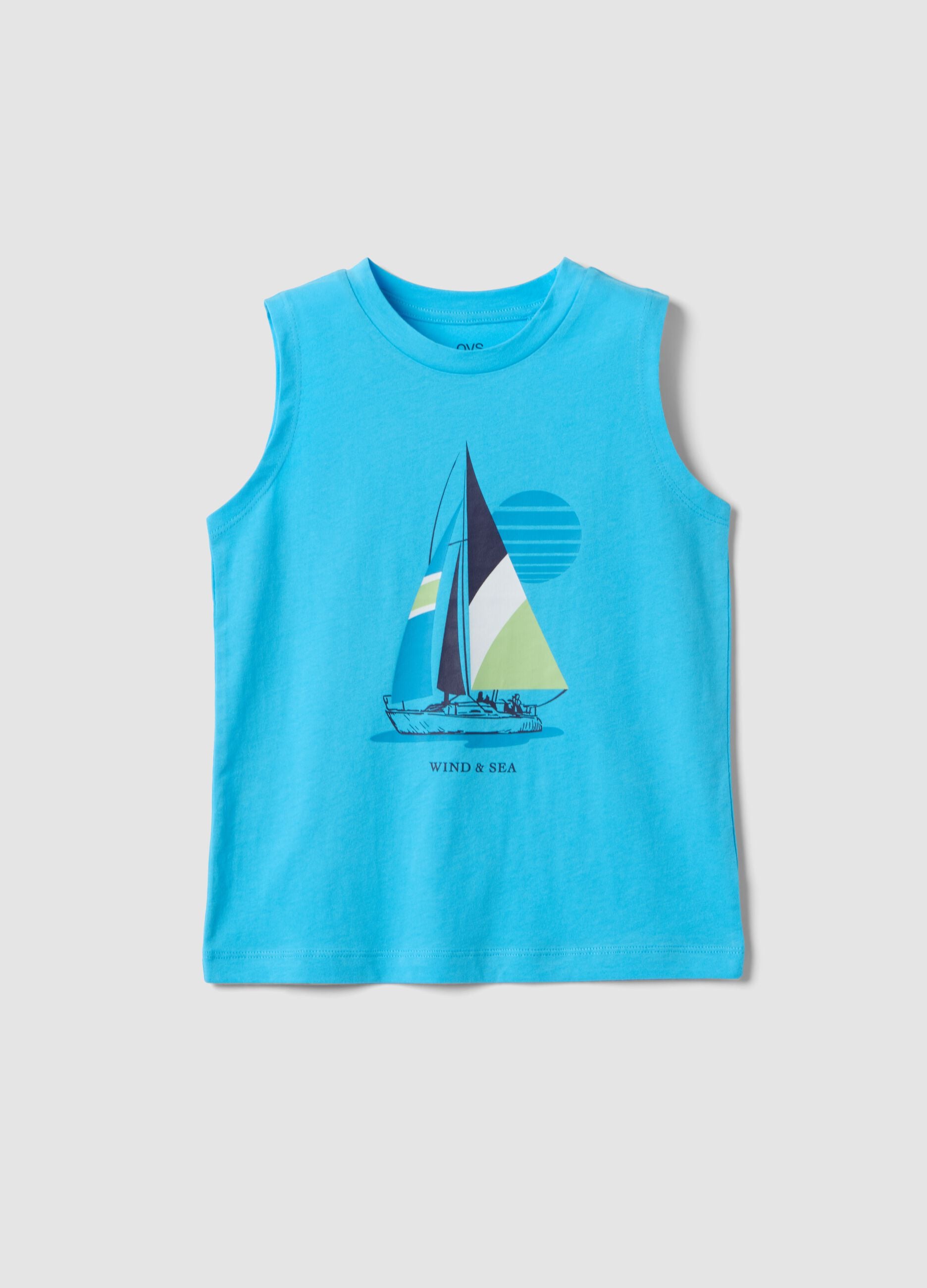 Blue pure cotton boys&rsquo; vest with sailboat print