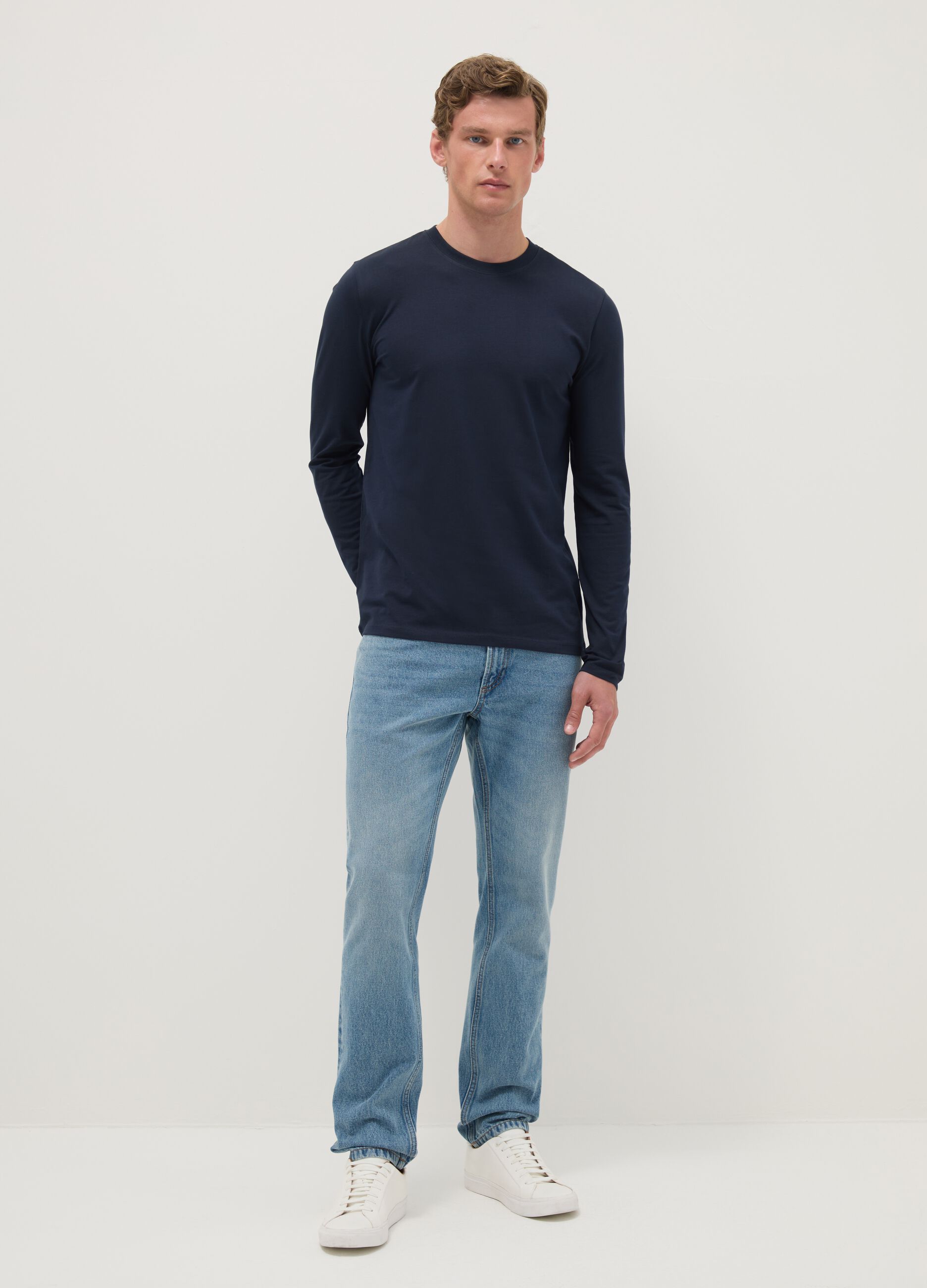 Regular Fit Long-Sleeve Stretch Cotton Blue T-shirt