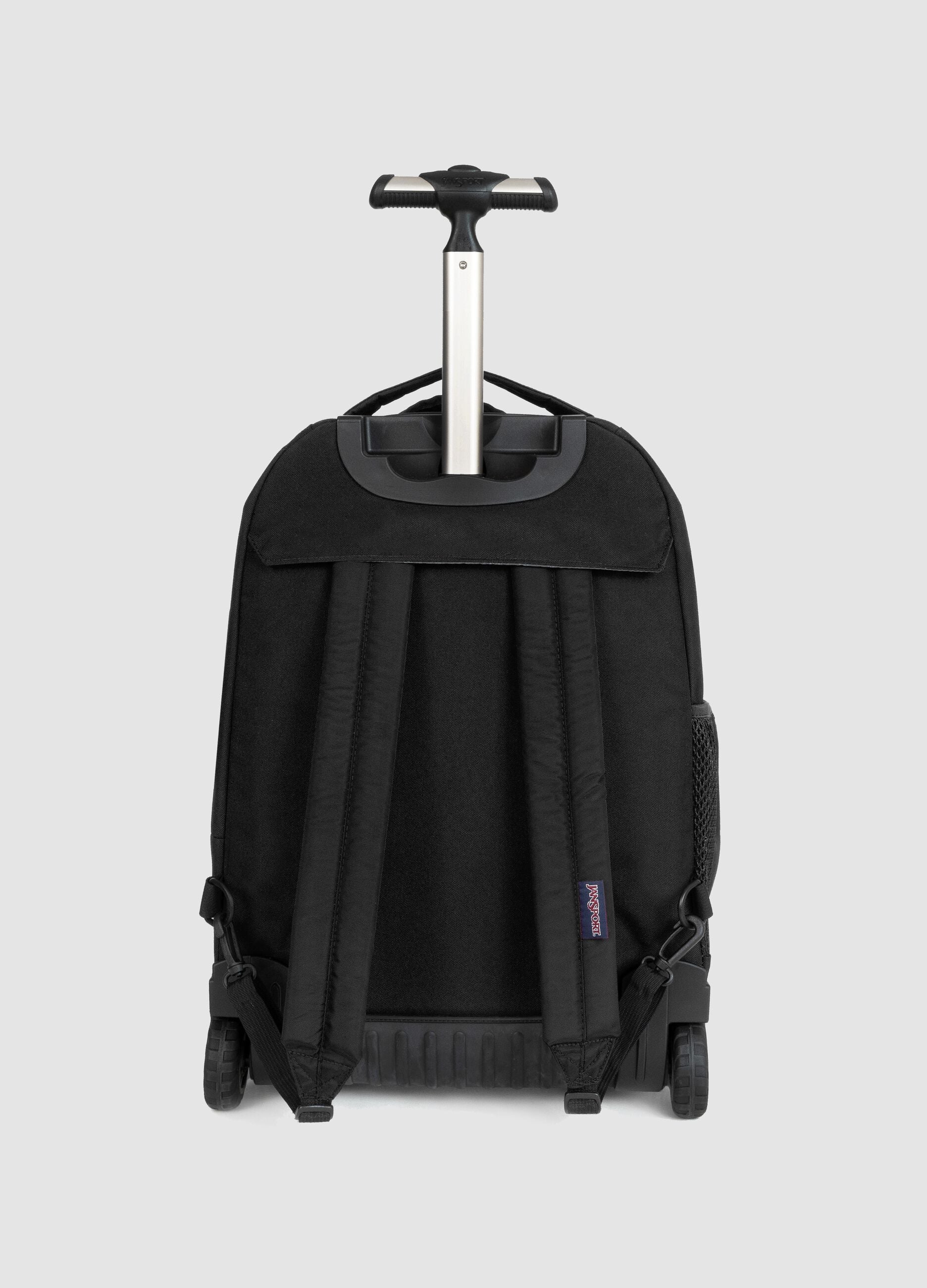 Black wheeled backpack with zip pockets