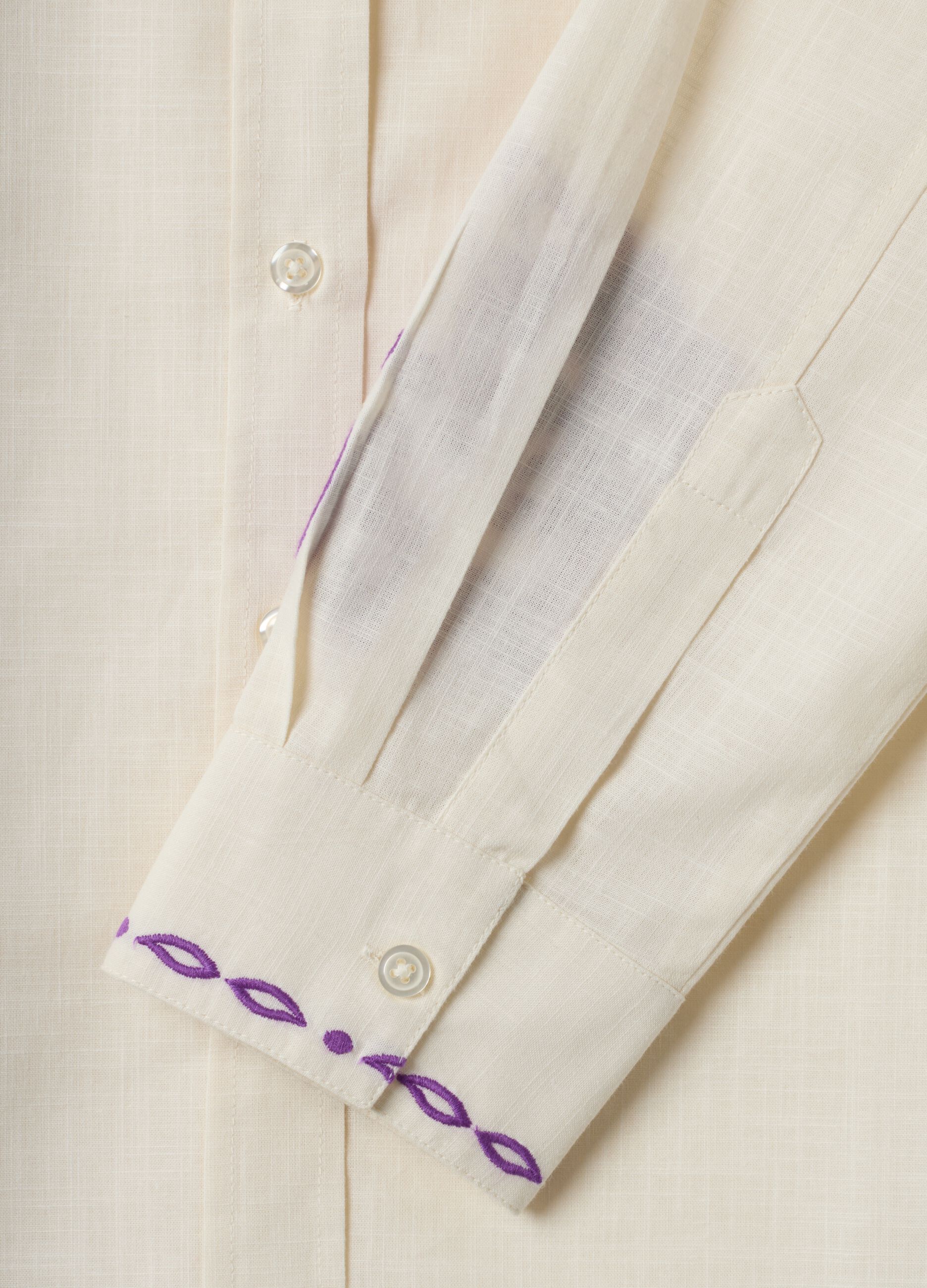White pure cotton oversized shirt with purple embroidery