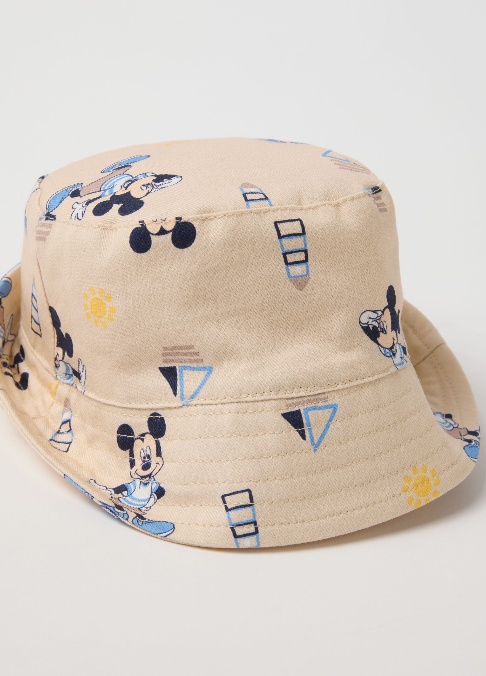 Beige pure cotton bucket hat for kids with Mickey Mouse prints