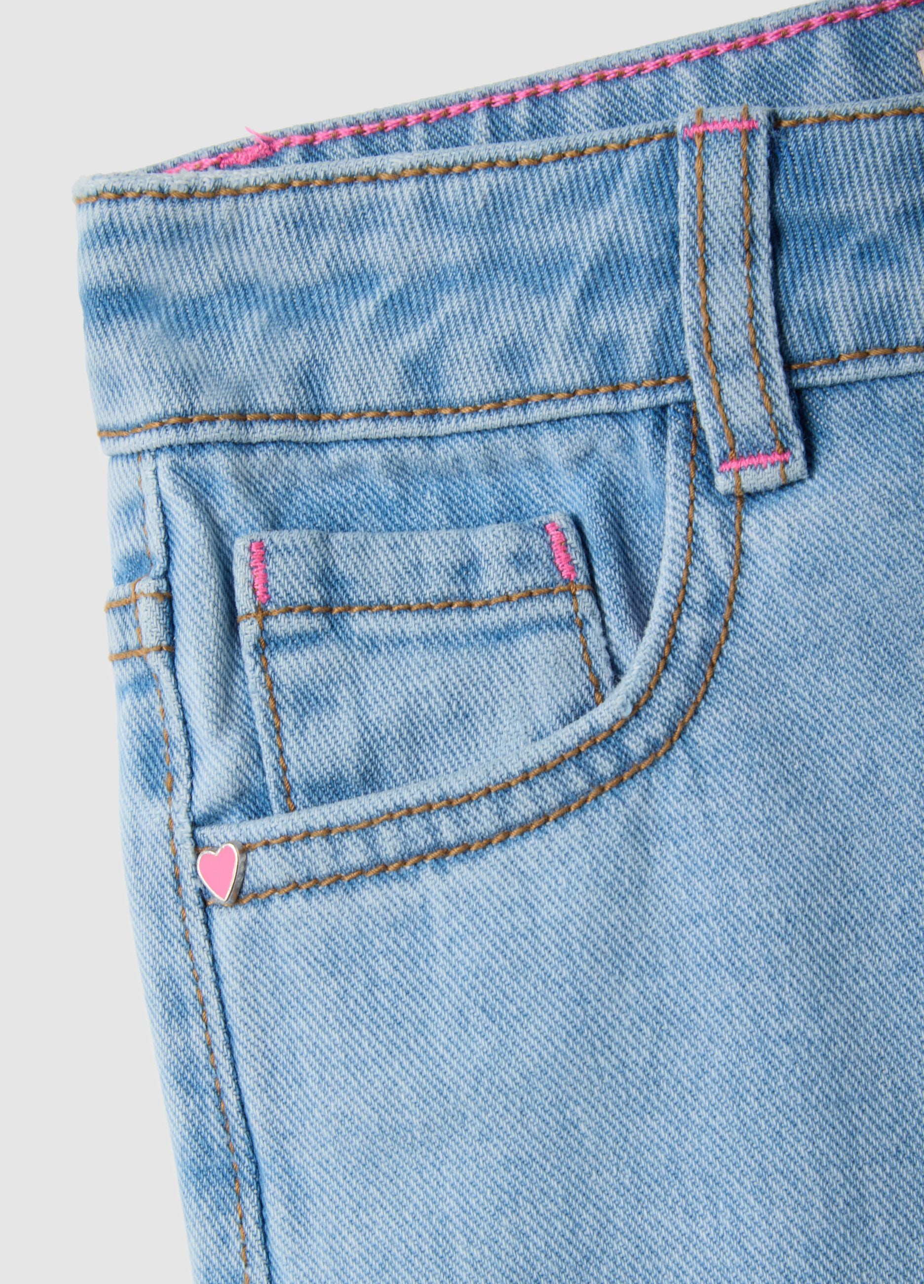 Girl's blue wide leg cotton jeans with embroidery