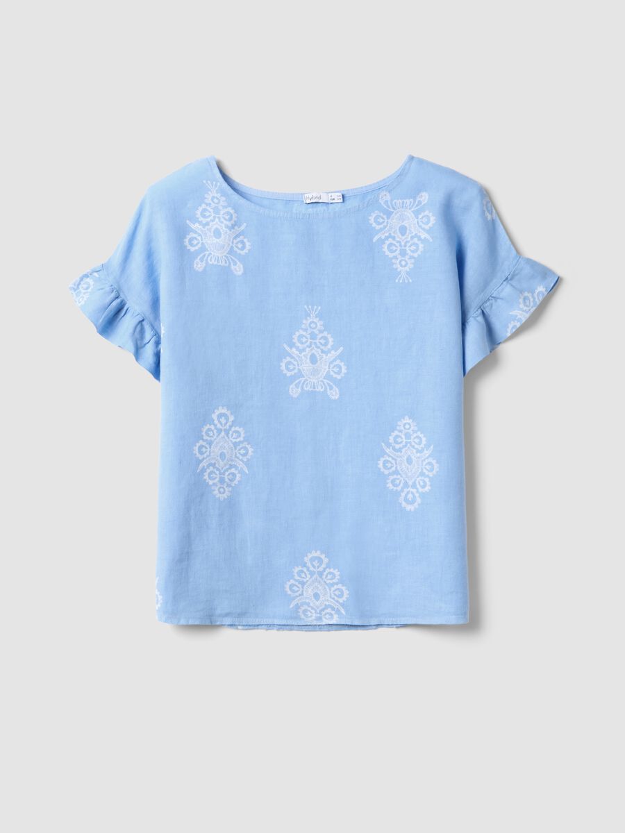 Light blue pure linen blouse with embroidery and ruffled sleeves, regular fit_4