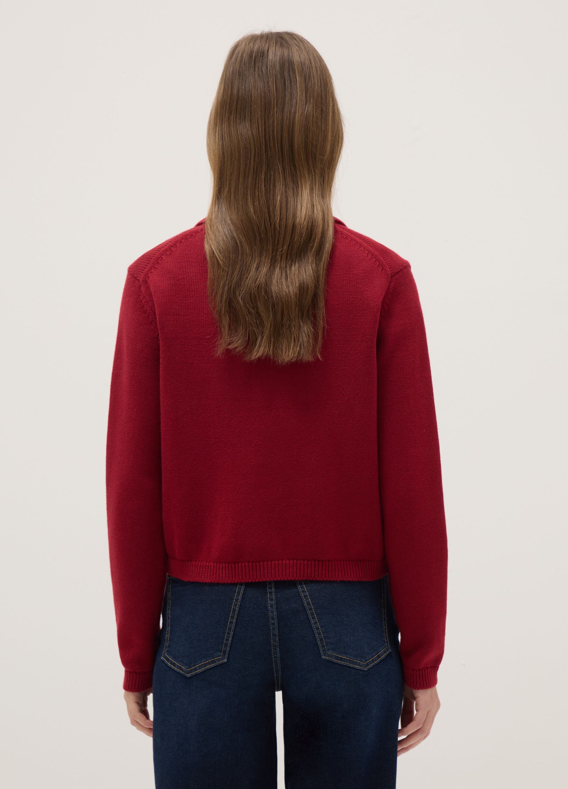 Red polo neck cardigan in pure cotton regular fit