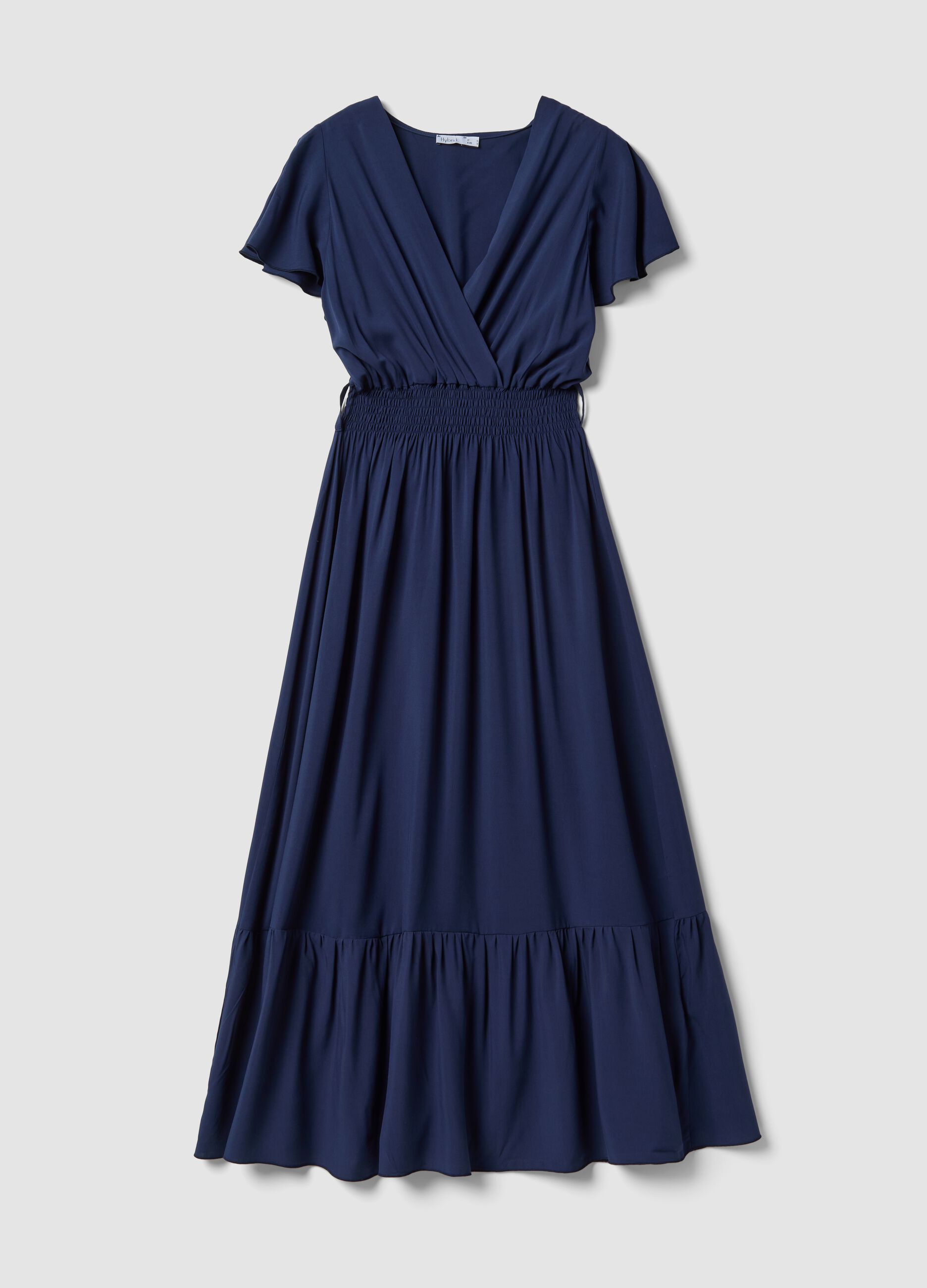 Long blue pure-viscose dress with wrap V-neck, regular fit