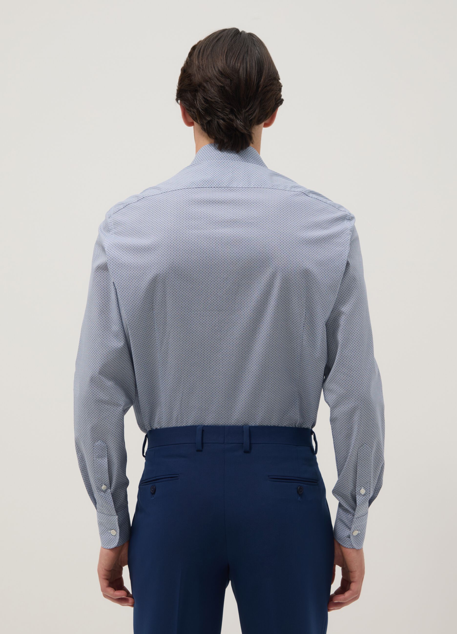 Slim fit blue stretch cotton shirt with micro checks