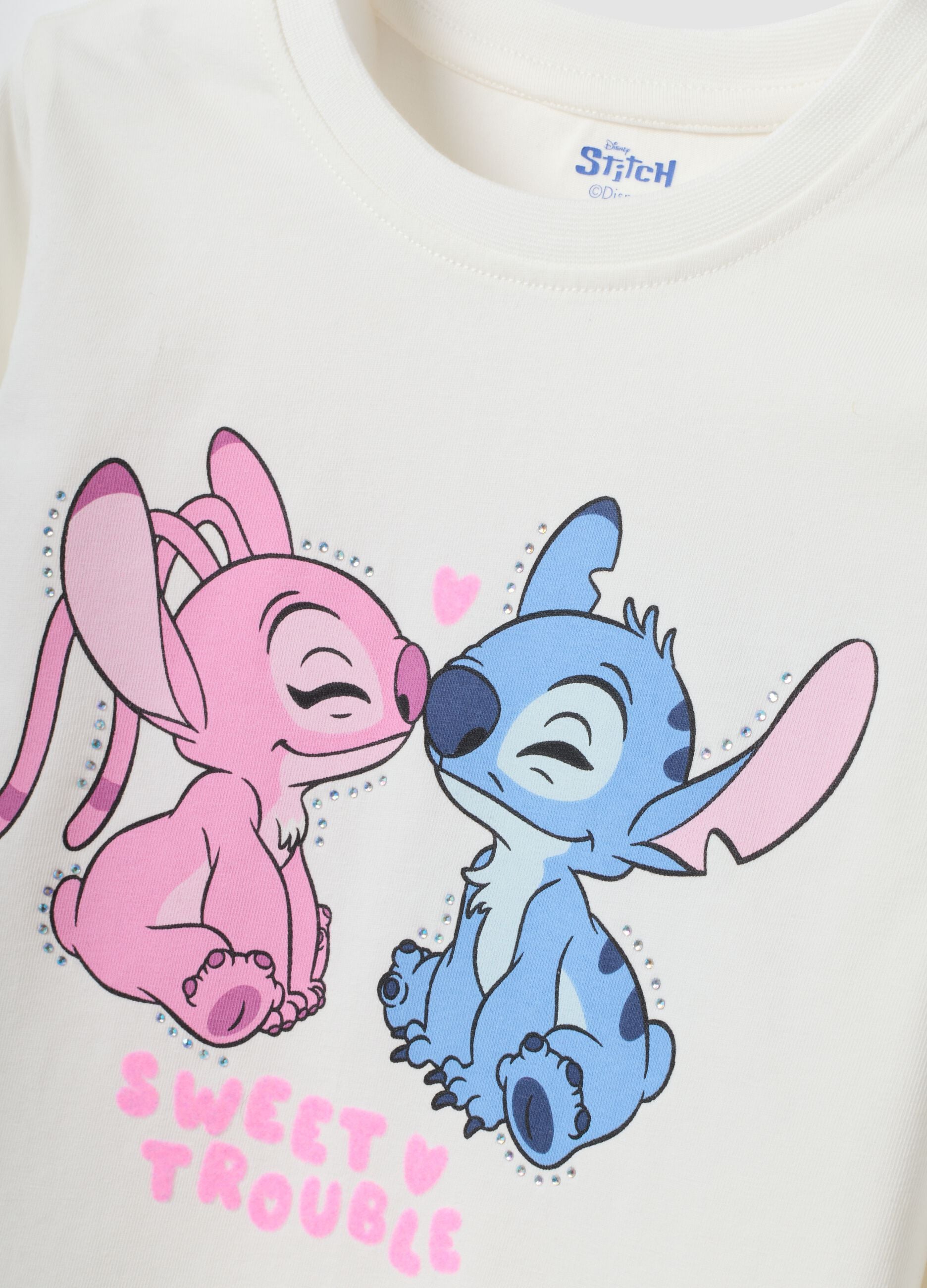 White stretch cotton T-shirt with Lilo & Stitch print for girls
