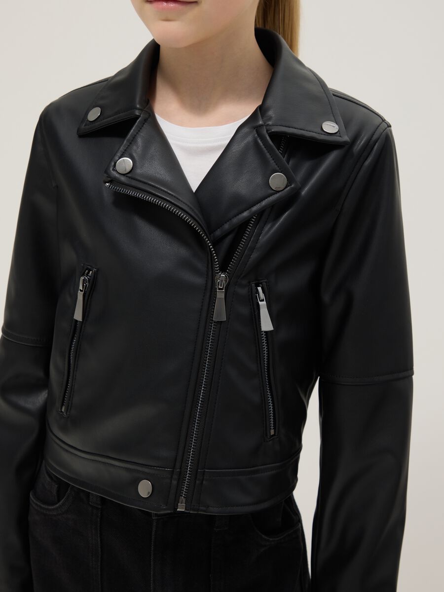 Girls' regular fit black biker jacket with zip_2