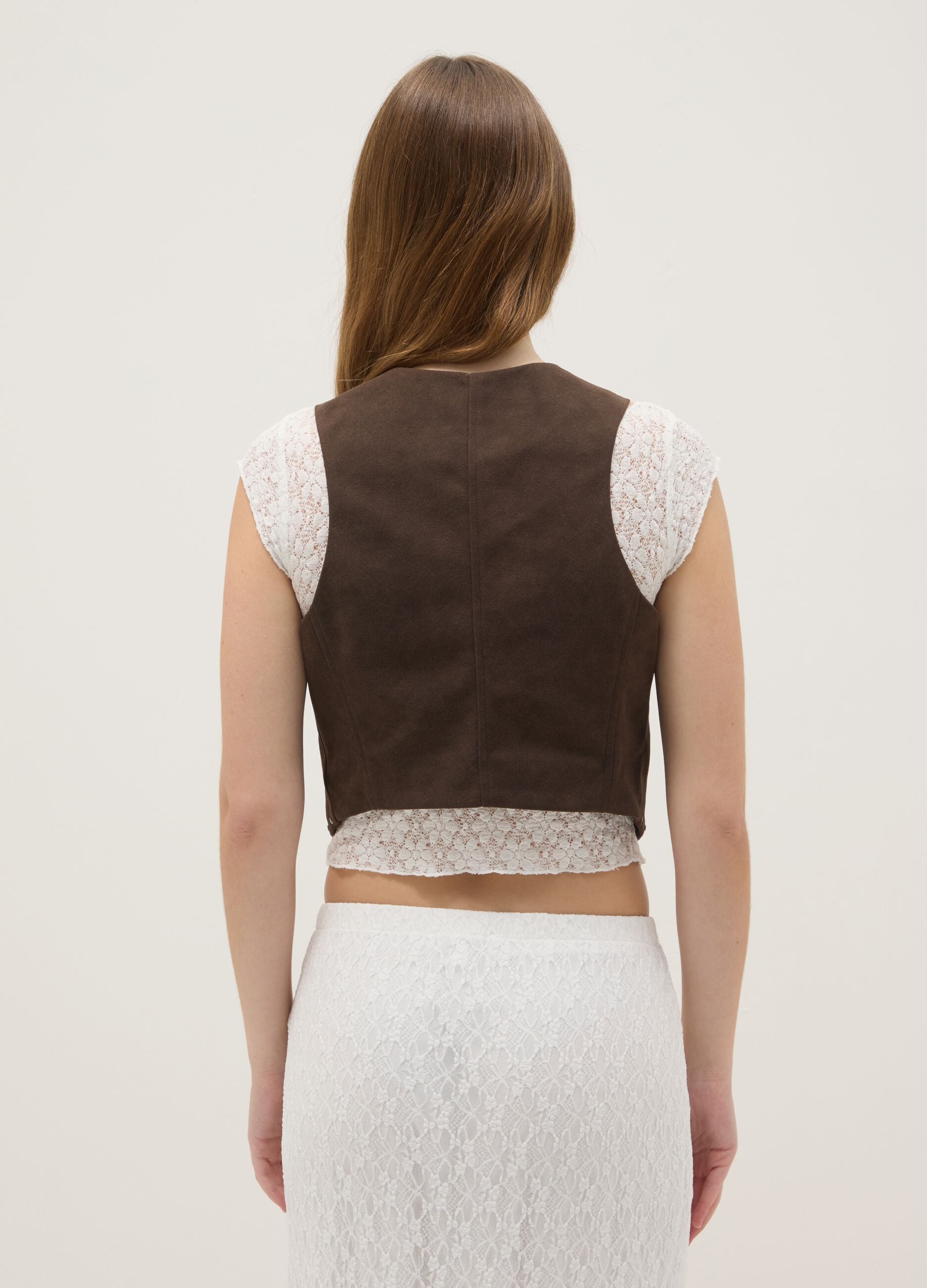 Brown string-closure vest without buttons, regular fit