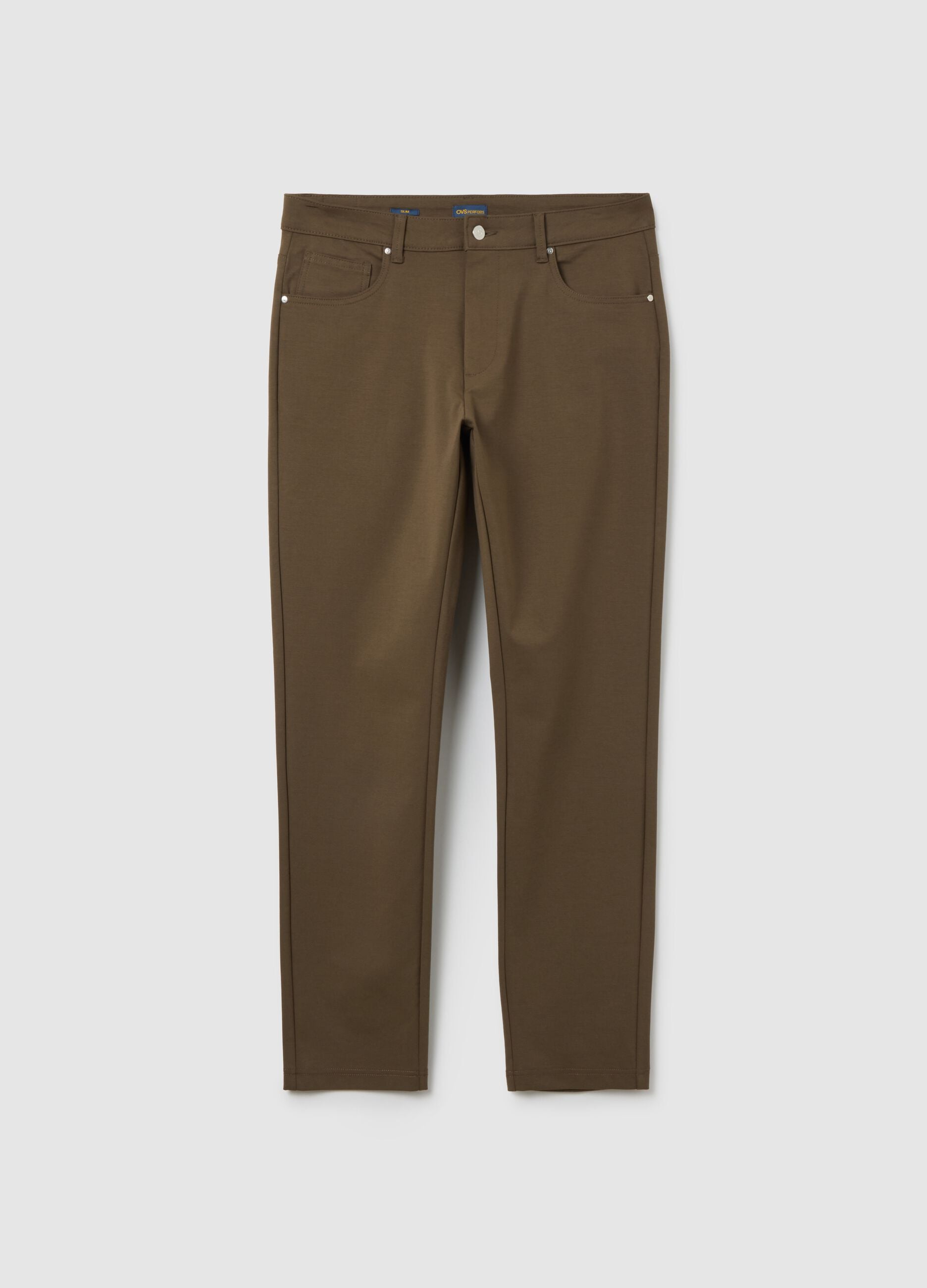 Brown cotton blend slim fit trousers