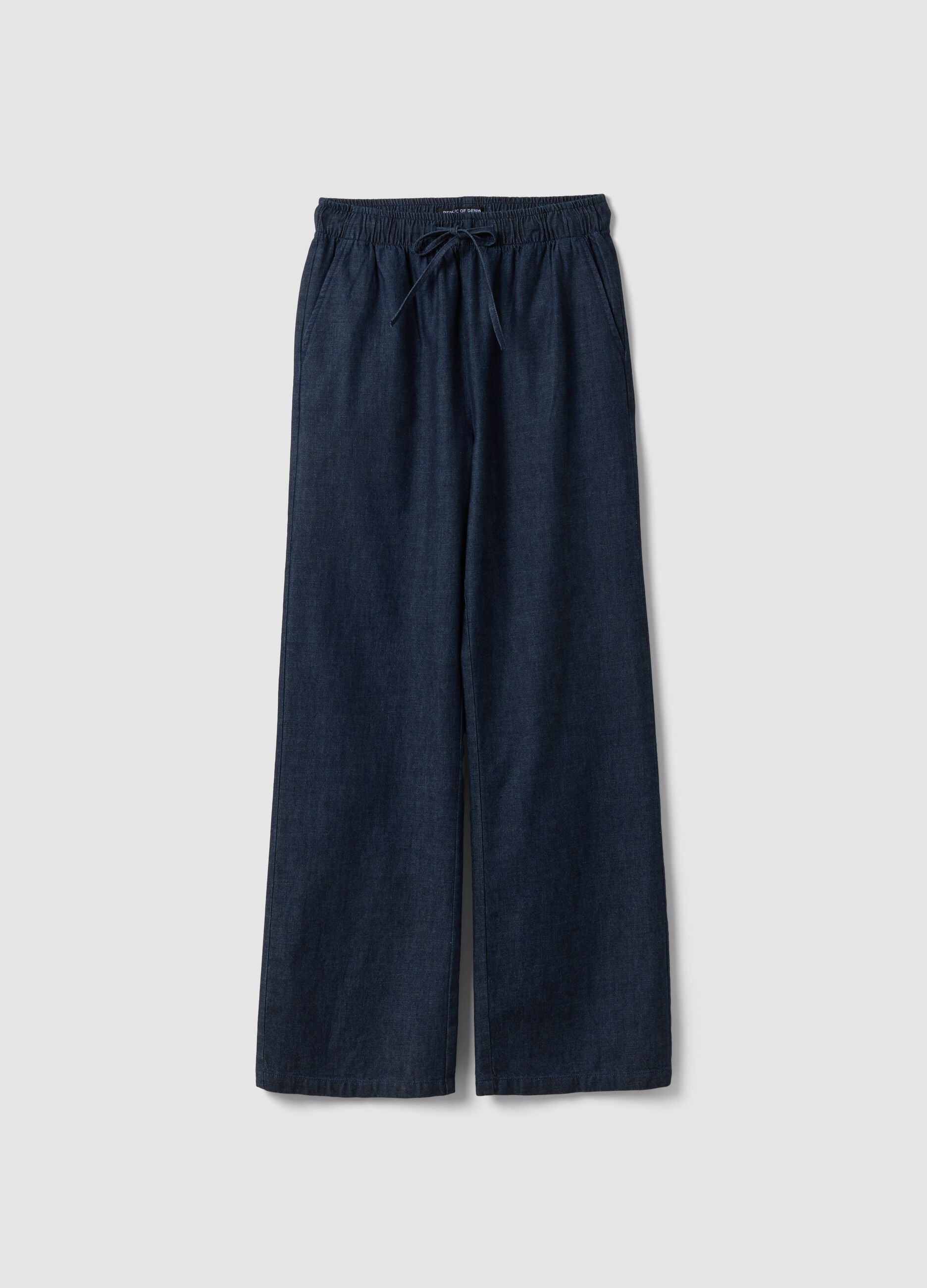 Blue pure cotton wide-leg denim trousers with drawstring