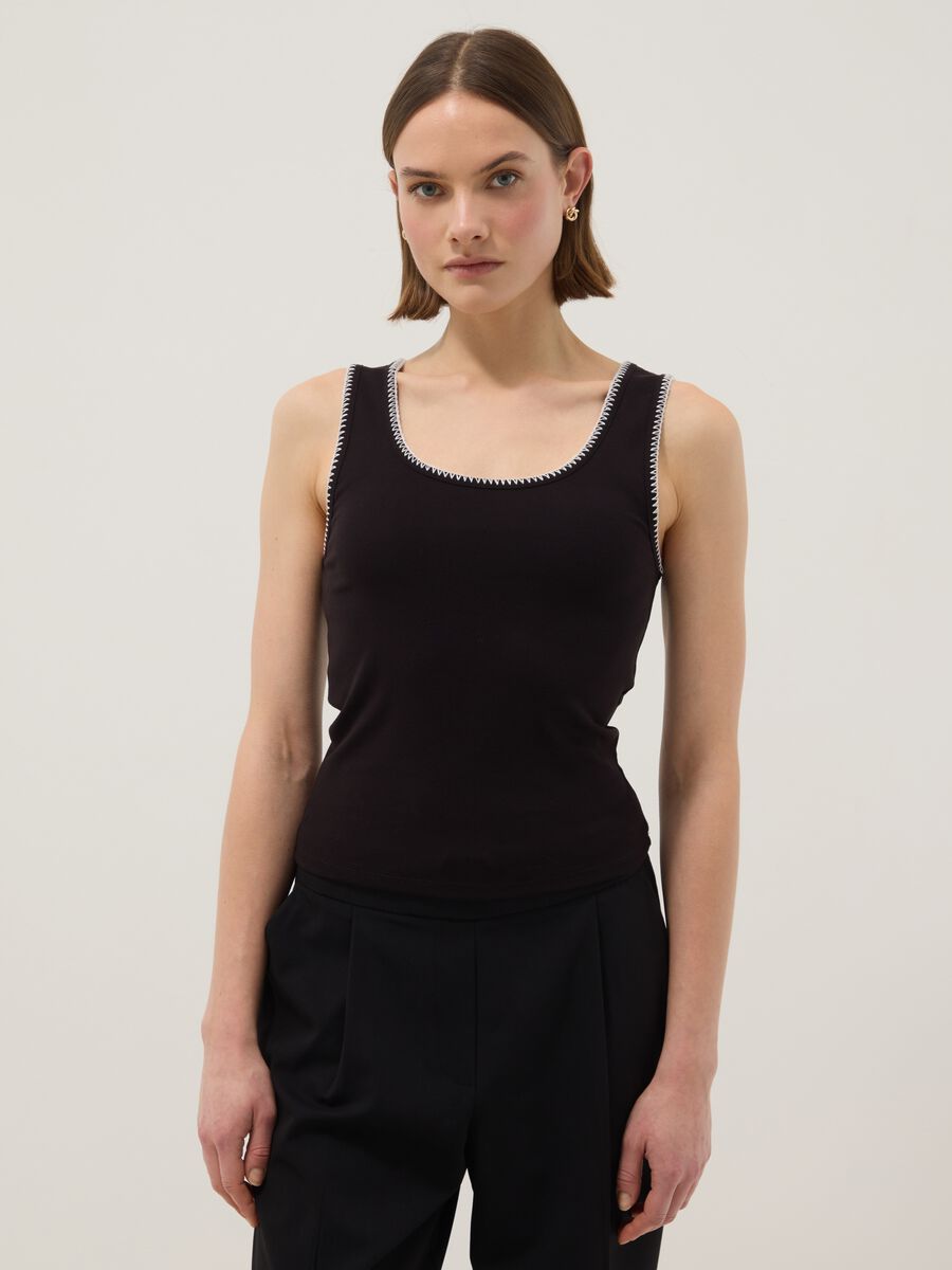 Black stretch cotton tank top with contrast trim, regular fit_0