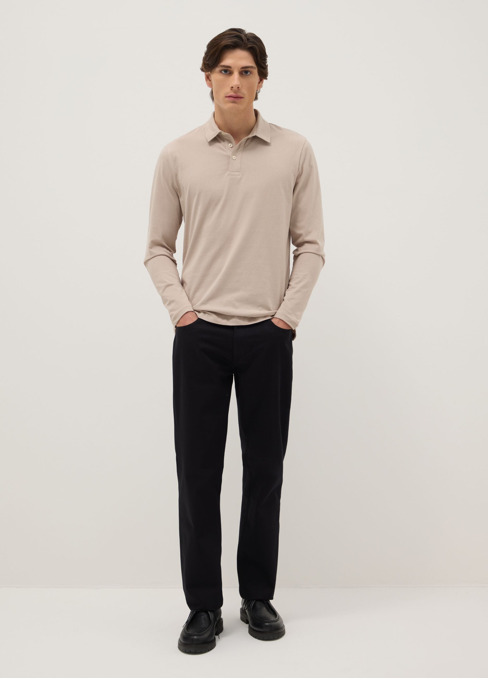 Beige long-sleeve pure cotton polo regular fit
