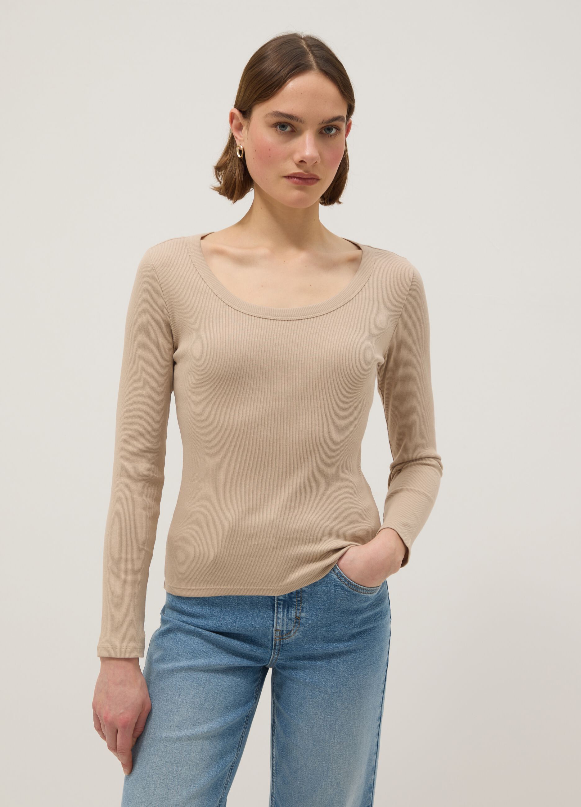 Men's Long Sleeve Beige Pure Cotton Regular Fit T-shirt