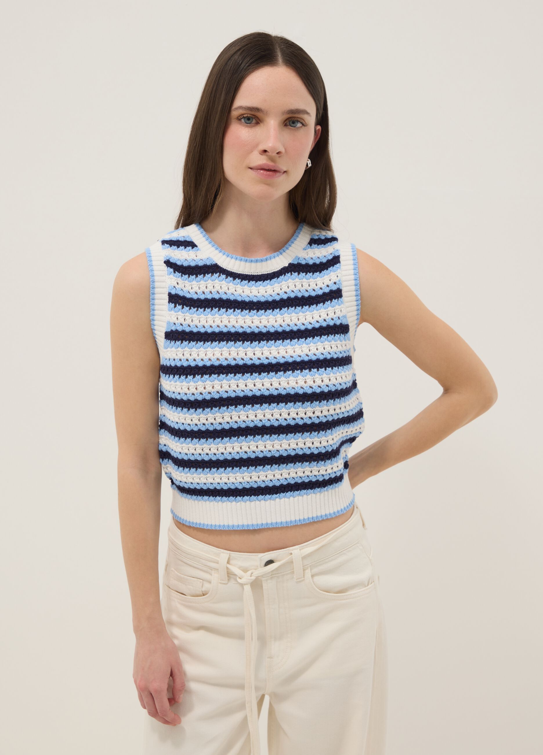 Multicolour striped pure cotton tank top, regular fit