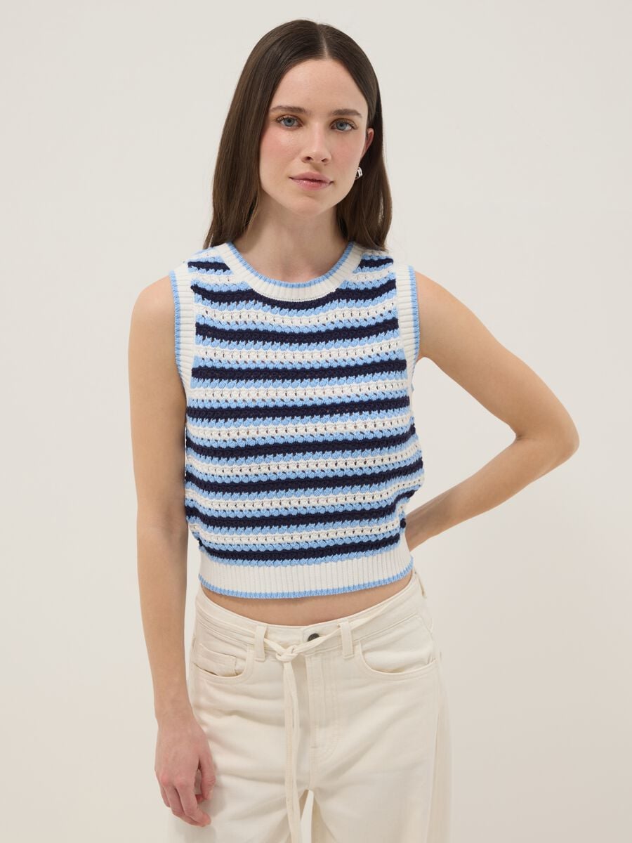 Tank top in crochet puro cotone a righe multicolor regular fit_1