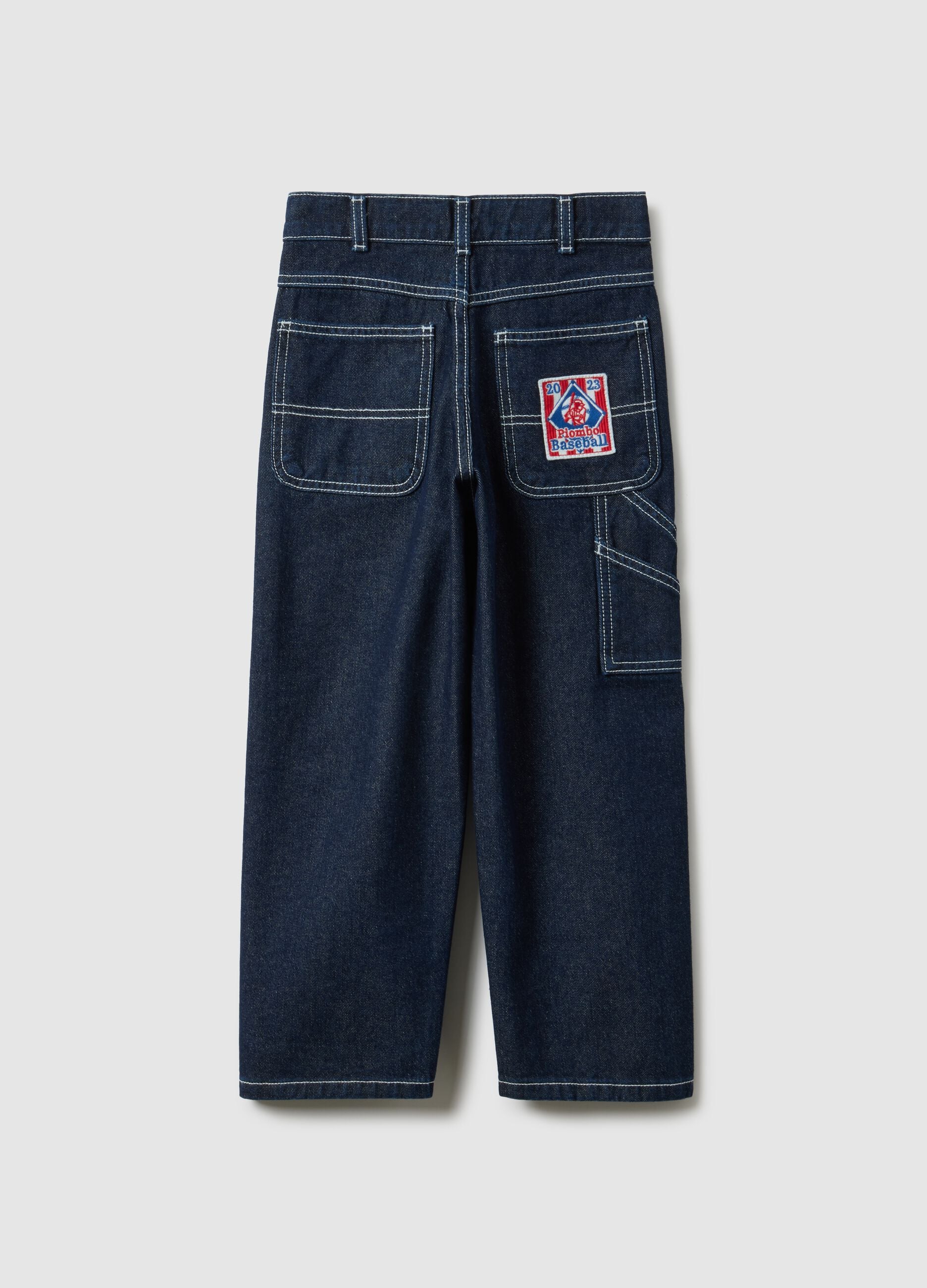 Children's blue pure cotton trousers regular fit with exposed stitching