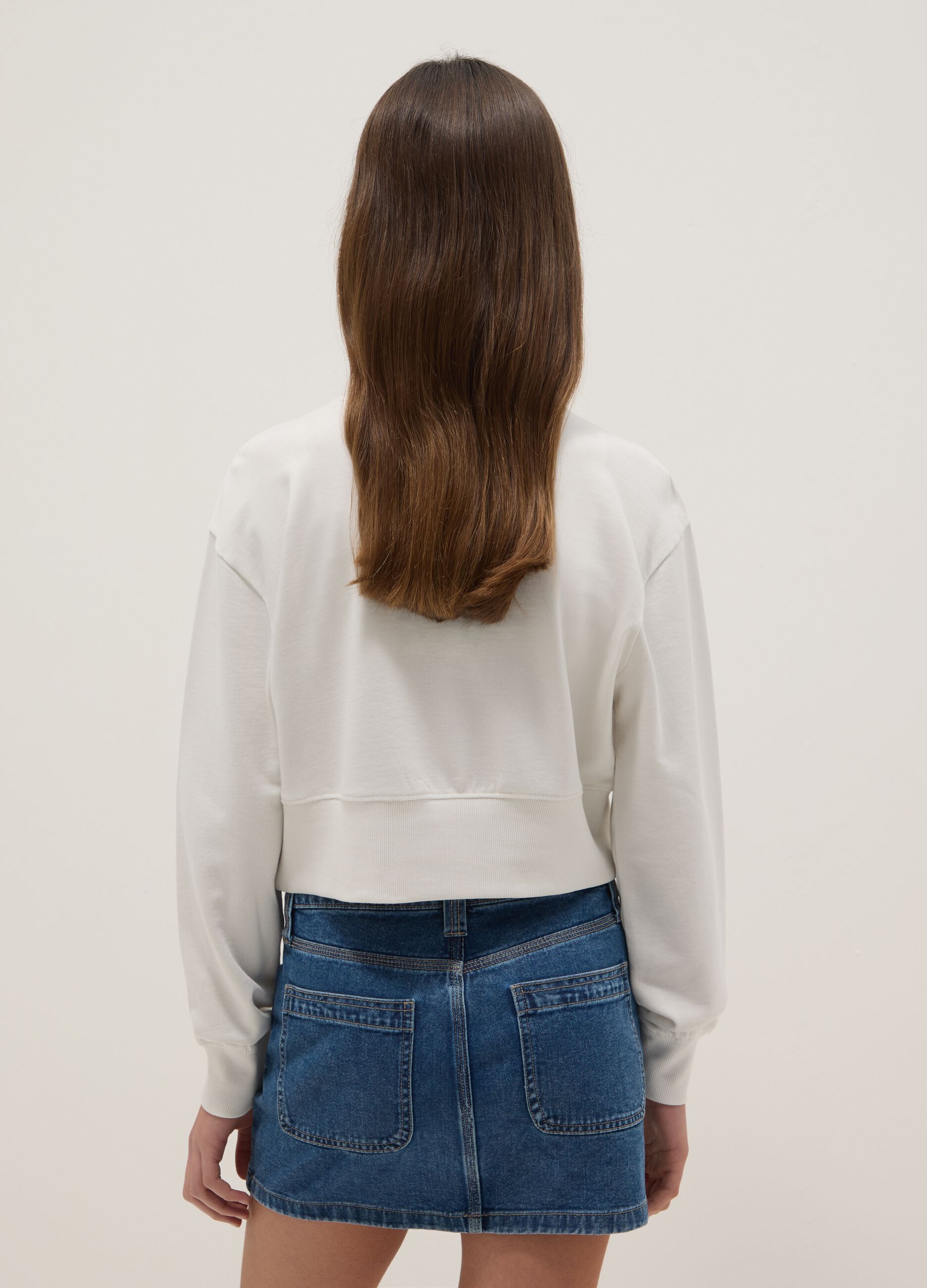 Girls' white crew neck sweatshirt in pure cotton regular fit