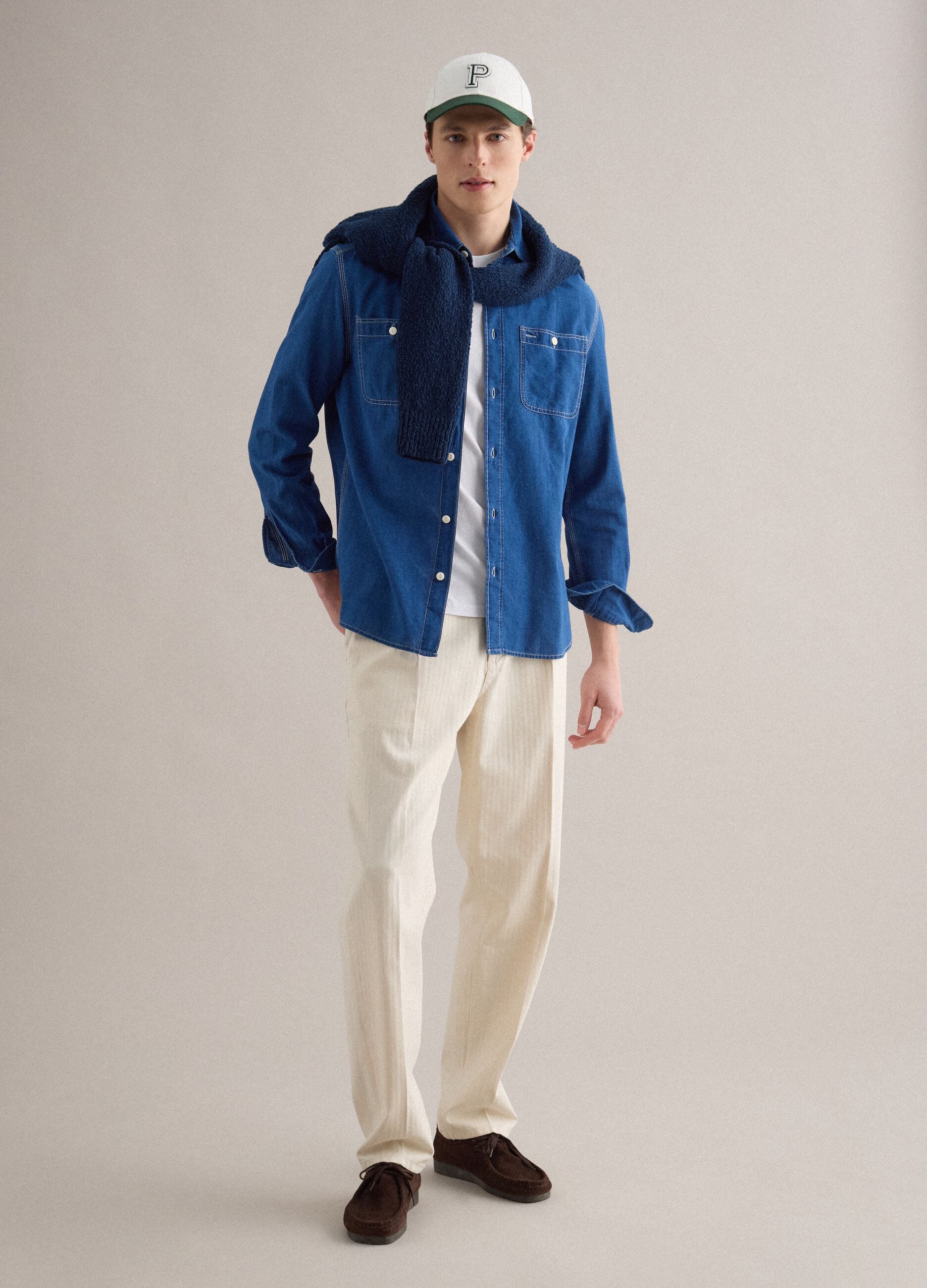 Blue denim pure cotton shirt regular fit with pockets